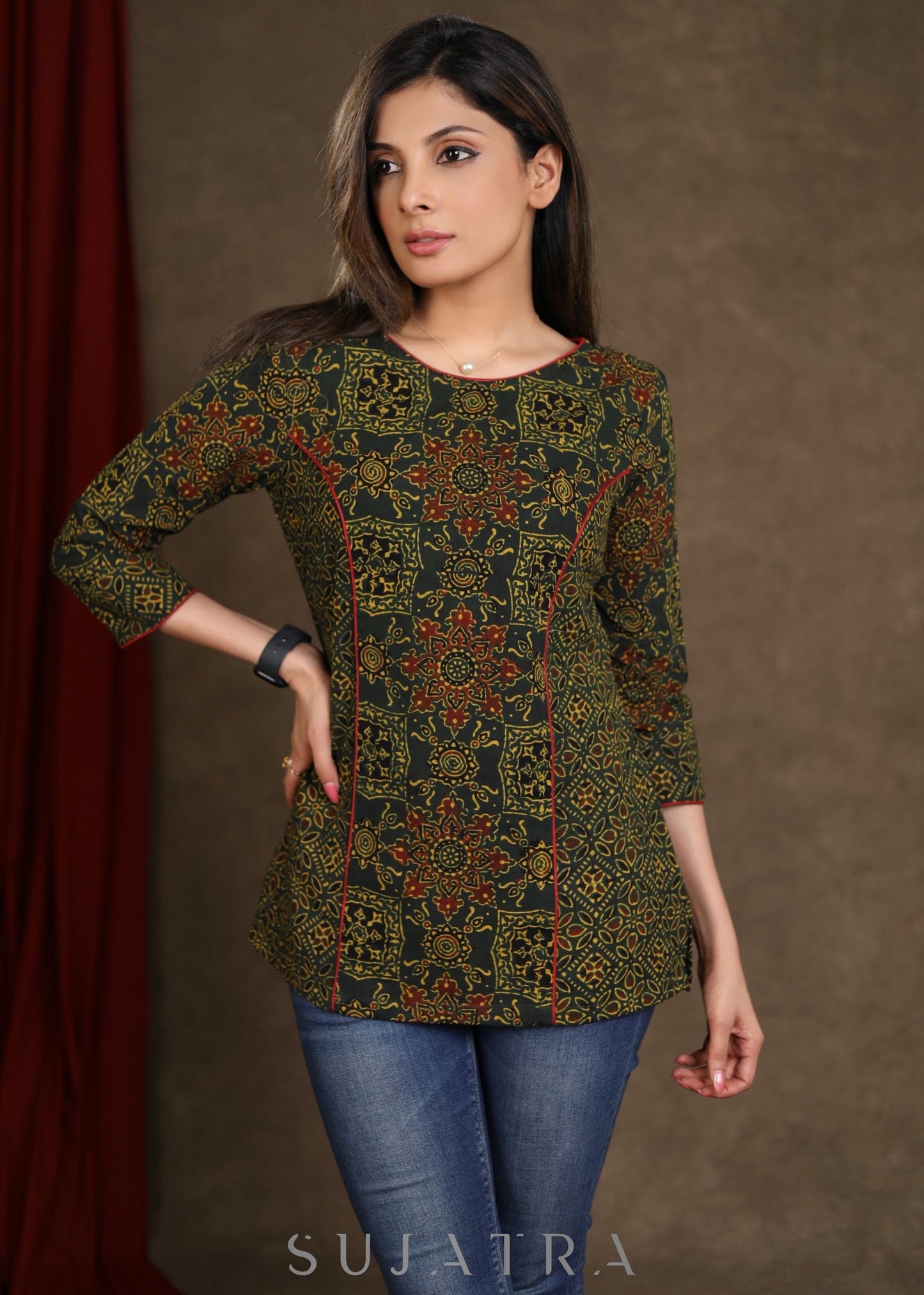 Casual Green Ajrakh Hand Block Printed Cotton Top