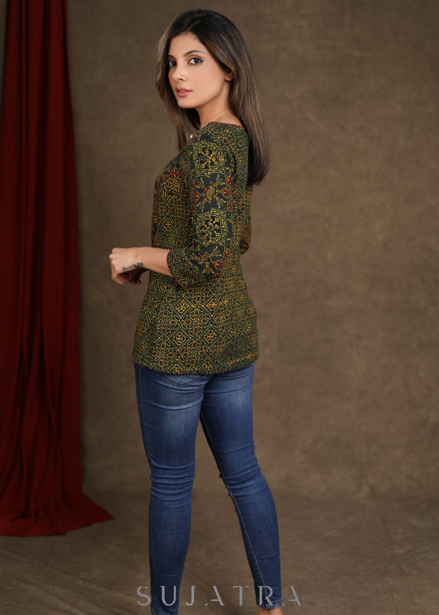 Casual Green Ajrakh Hand Block Printed Cotton Top