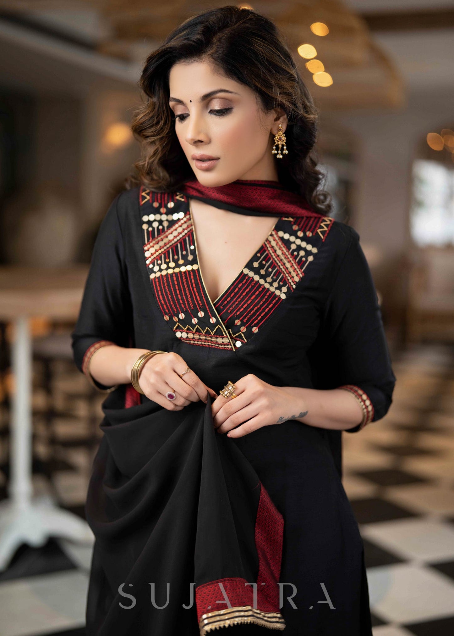 Elegant Black Cotton Silk Pant & Kurta With Red & Gold Embroidery On Neckline & Sleeves -Dupatta Optional