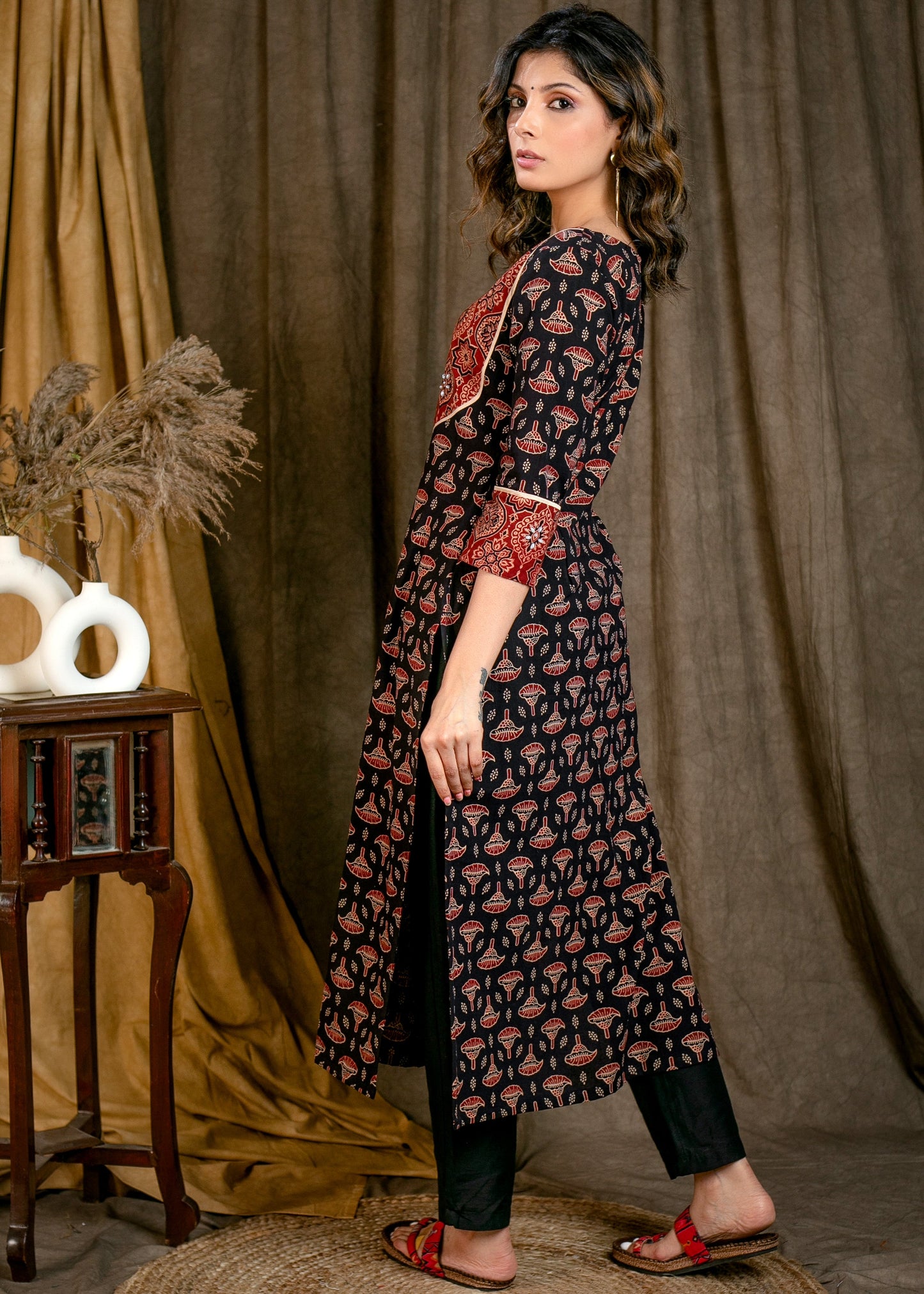 Elegant Cotton Straight Cut Ajrakh Combination Kurta with Beautiful Stonework On Yoke - Pant Optional