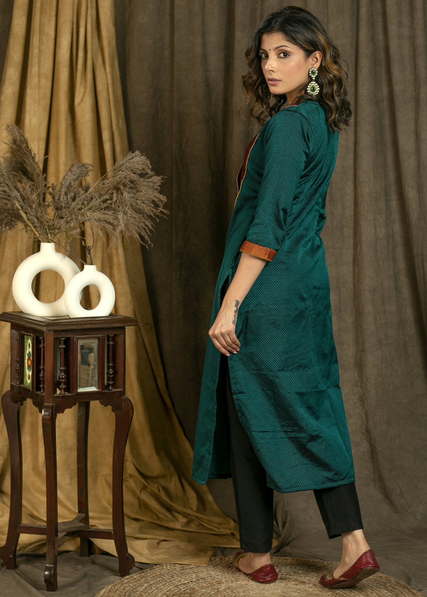 Elegant Traditional Teal Colored Khun Straight Cut Kurta with Contrast Stonework Yoke - Pant Optional