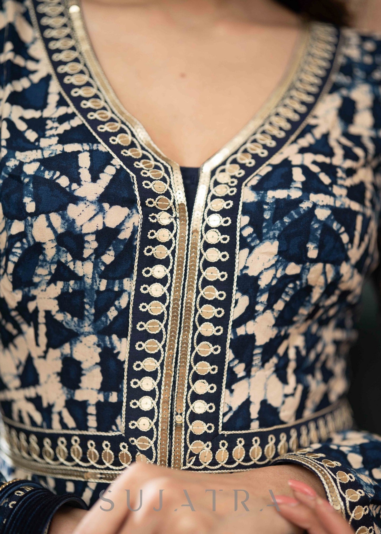 Hand Embroidered Rayon Printed Flared Kurta With Dupatta - Navy Blue Pant Optional