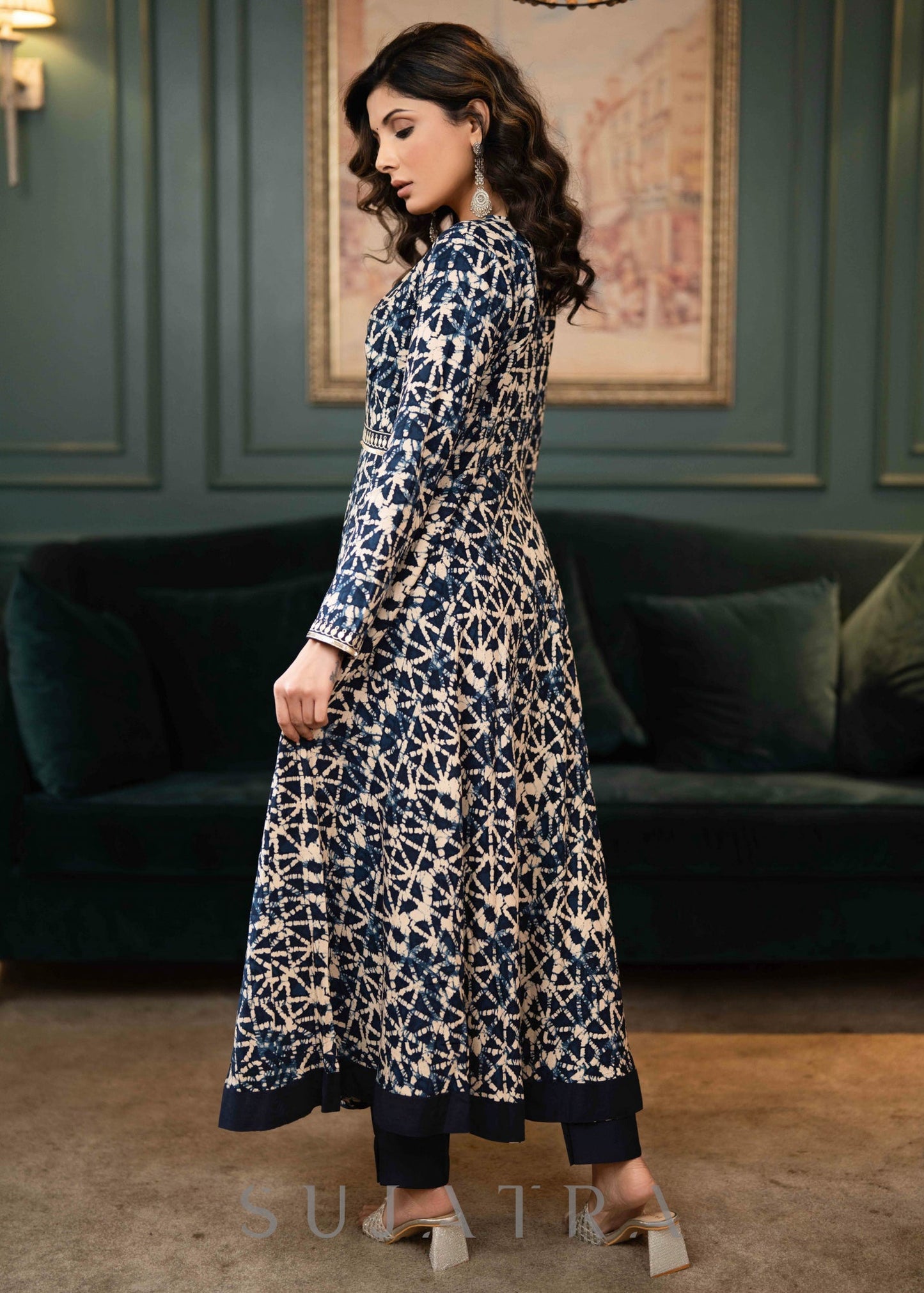Hand Embroidered Rayon Printed Flared Kurta With Dupatta - Navy Blue Pant Optional