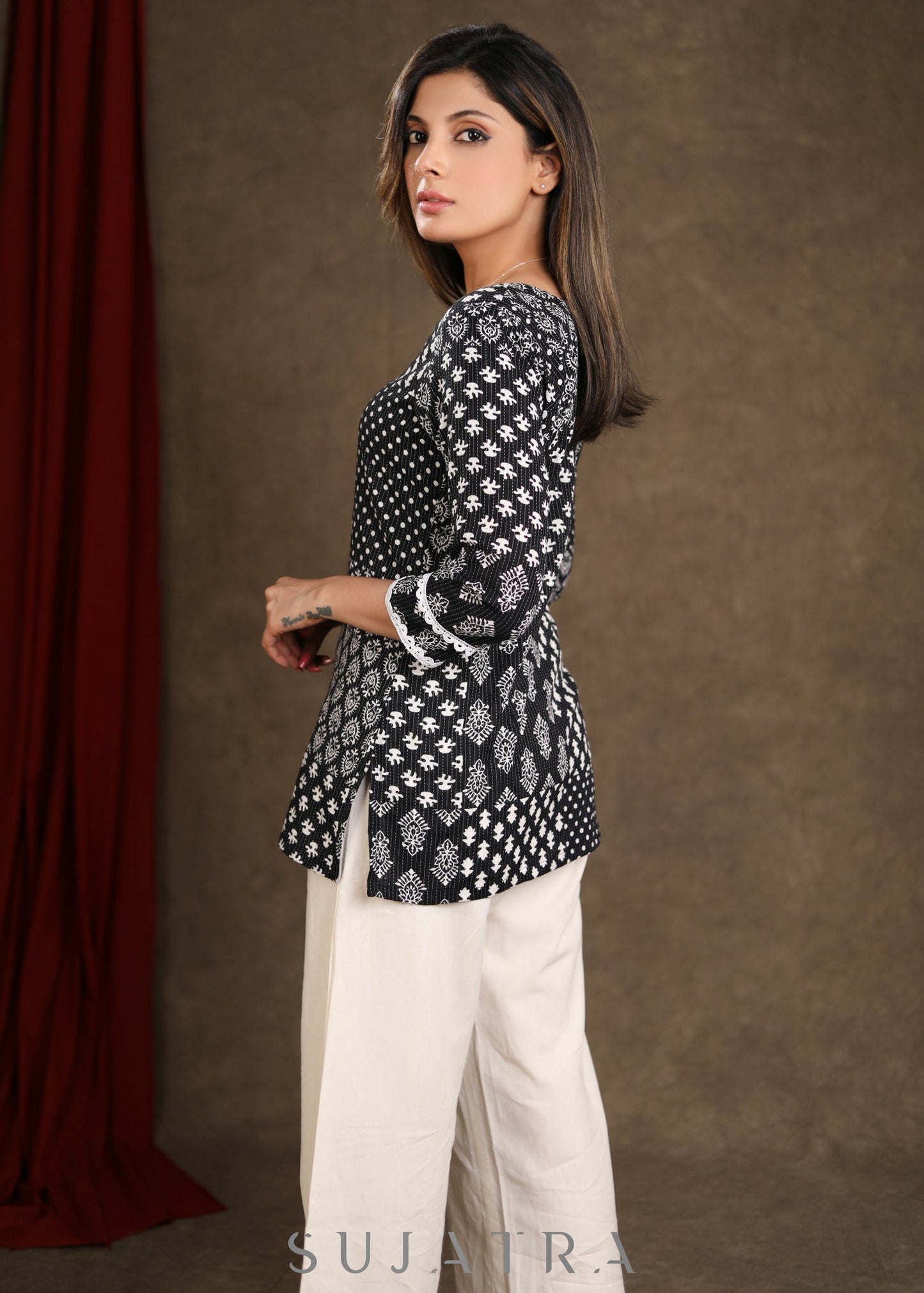 Black Cotton Katha Printed Top with Moti & Lace Detailing