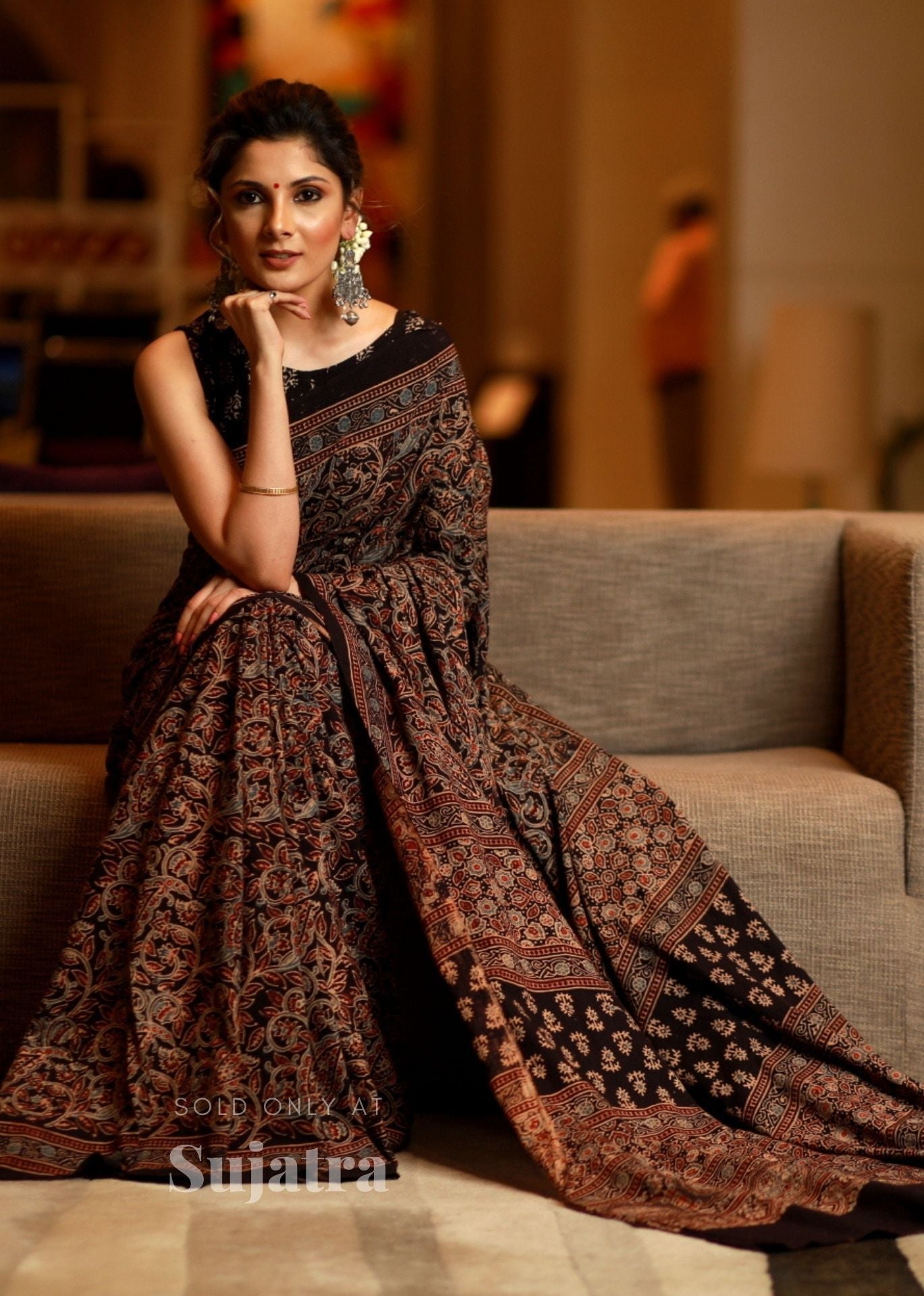 Exclusive block printed black cotton ajrakh saree