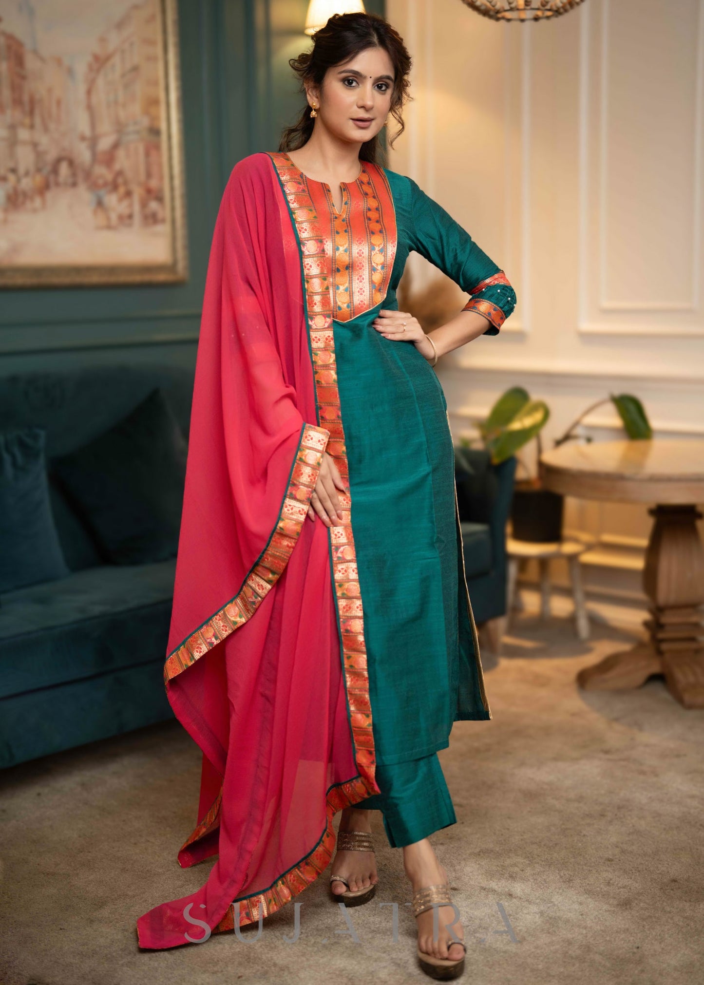 Beautiful Teal Cotton Silk Kurta With Brocade Yoke And Pant - Dupatta Optional