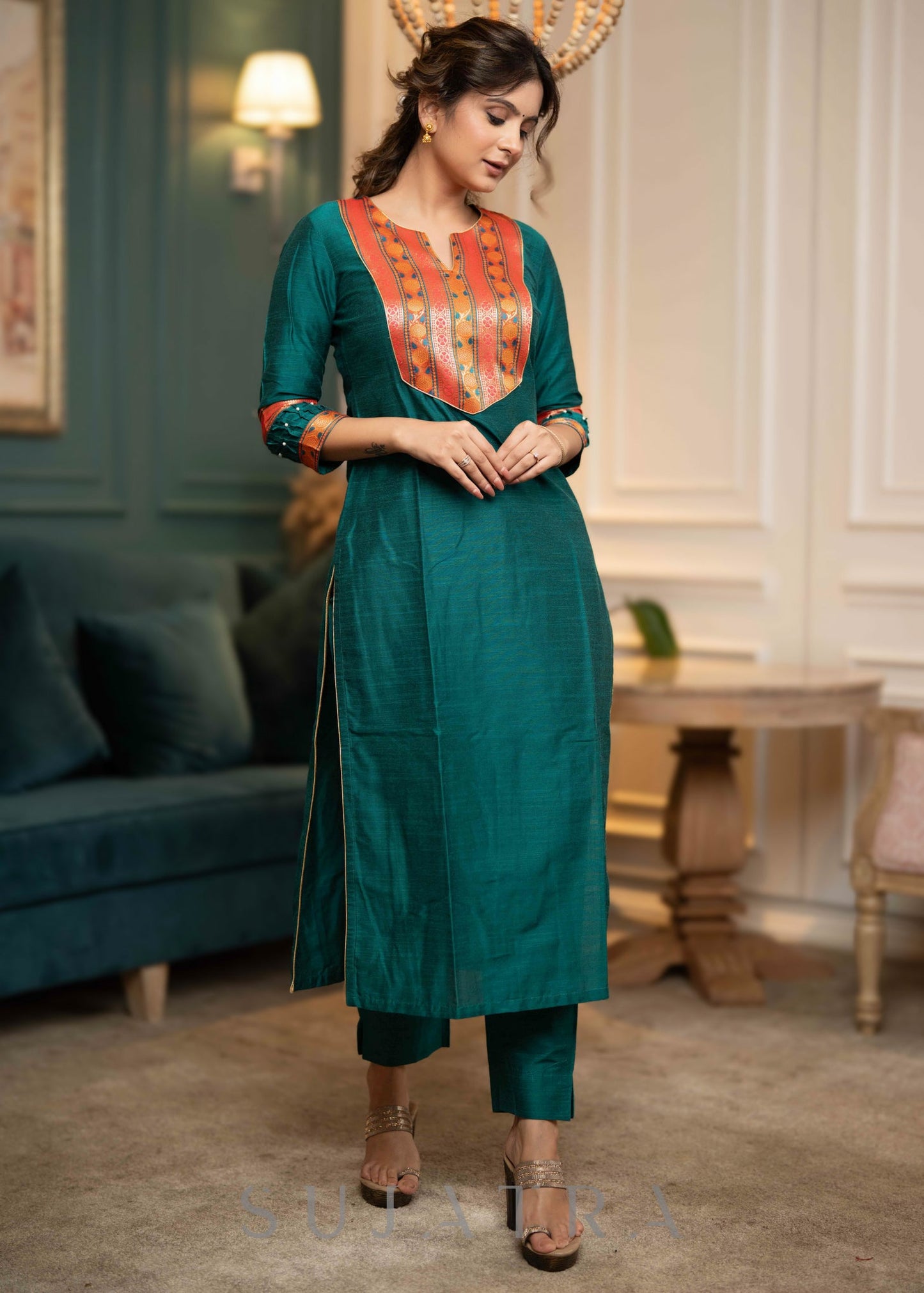 Beautiful Teal Cotton Silk Kurta With Brocade Yoke And Pant - Dupatta Optional