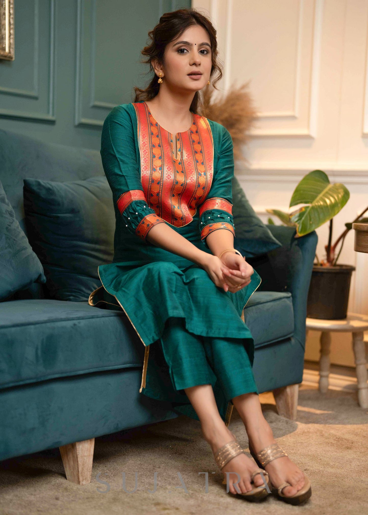 Beautiful Teal Cotton Silk Kurta With Brocade Yoke And Pant - Dupatta Optional
