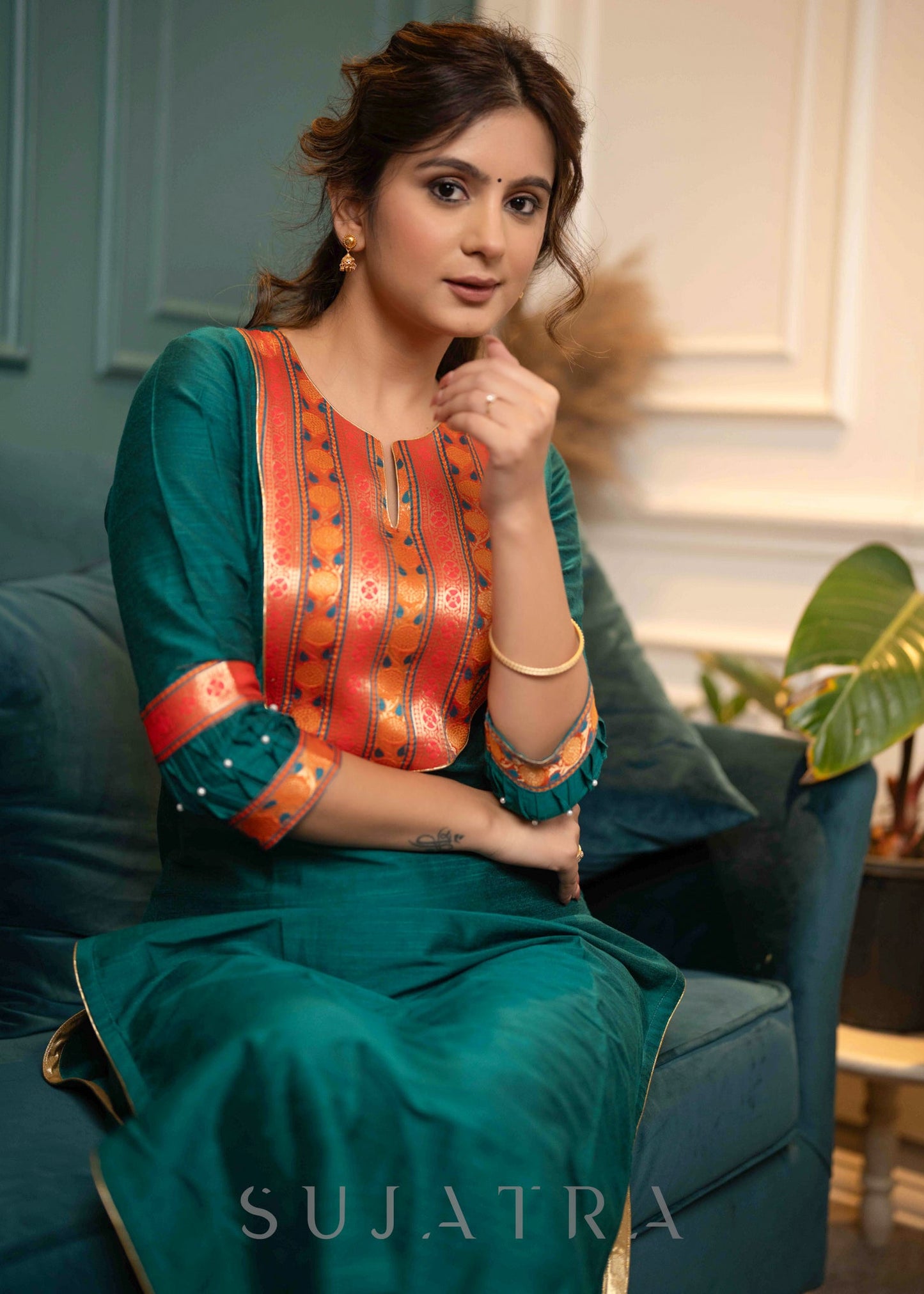 Beautiful Teal Cotton Silk Kurta With Brocade Yoke And Pant - Dupatta Optional