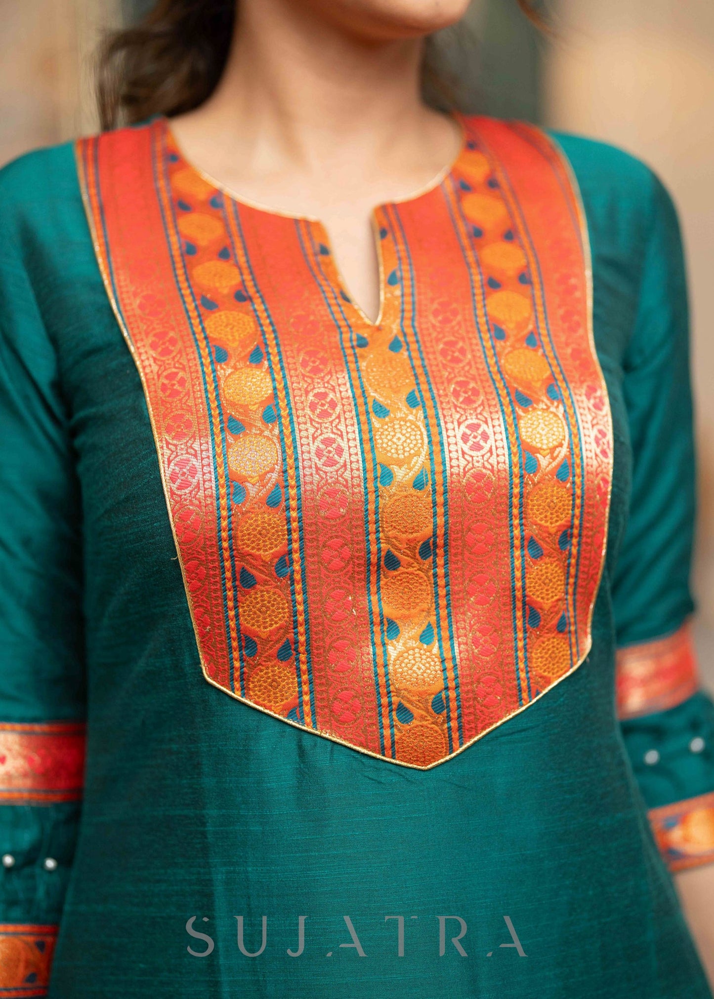 Beautiful Teal Cotton Silk Kurta With Brocade Yoke And Pant - Dupatta Optional