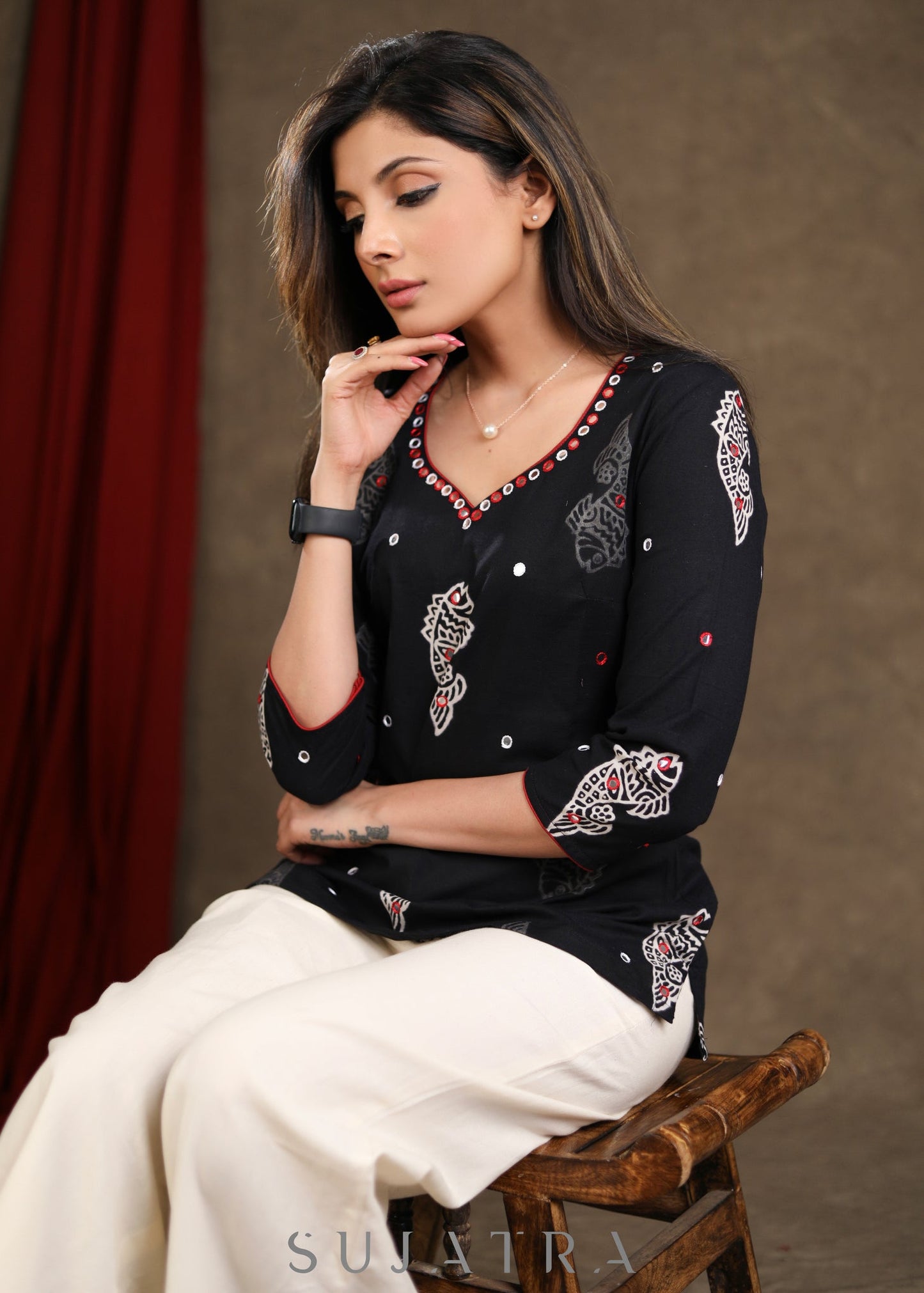 Graceful Black Cotton Printed Top with Mirrorwork Detailing