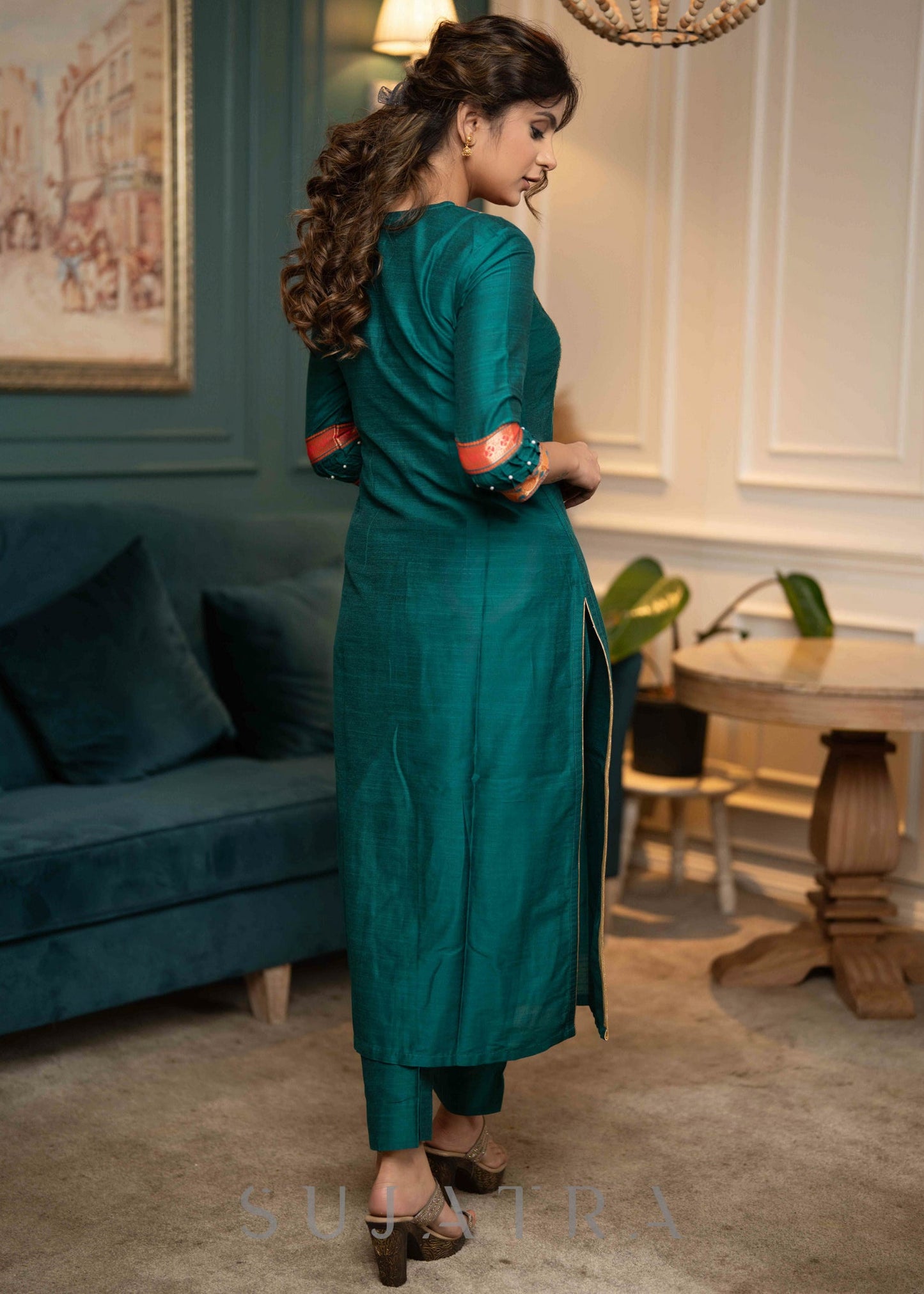 Beautiful Teal Cotton Silk Kurta With Brocade Yoke And Pant - Dupatta Optional