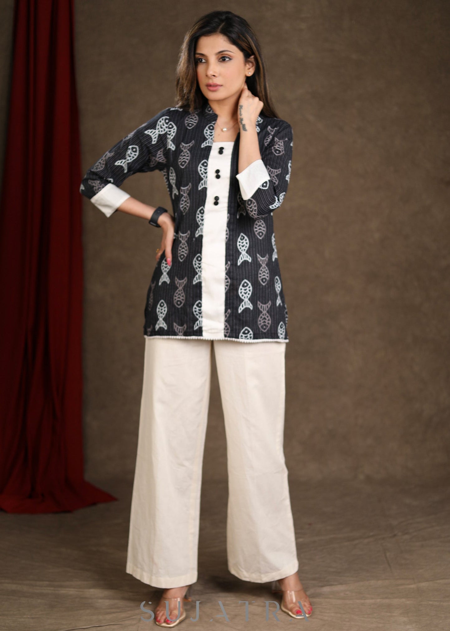 Black Fish Katha Printed Cotton Top