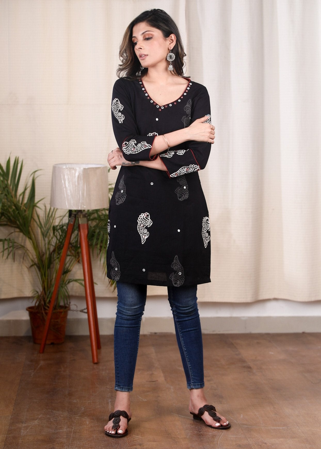 Exclusive printed & hand embroidered mirror work cotton tunic