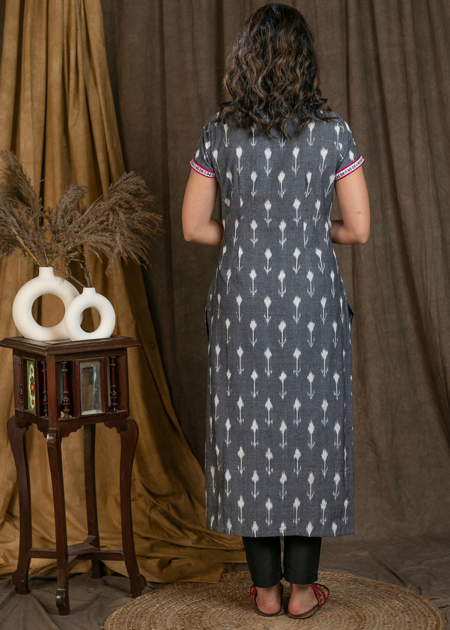 Elegant Grey Cotton Ikat Combination Straight Cut Kurta - Pant Optional