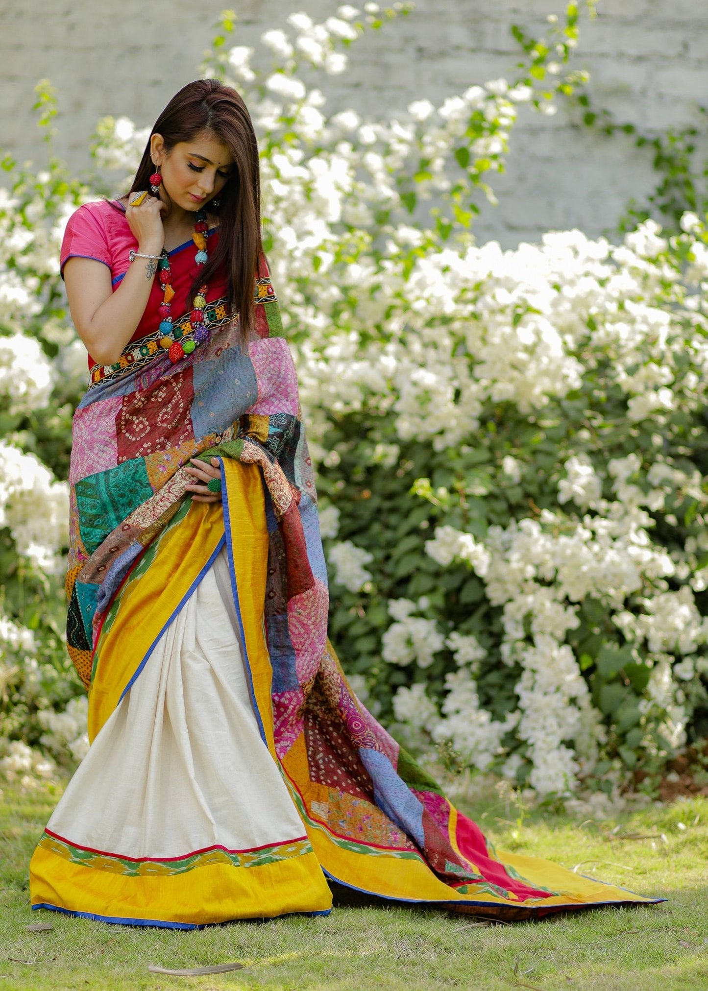 Exclusive kantha & off white flex cotton saree with mirror work border