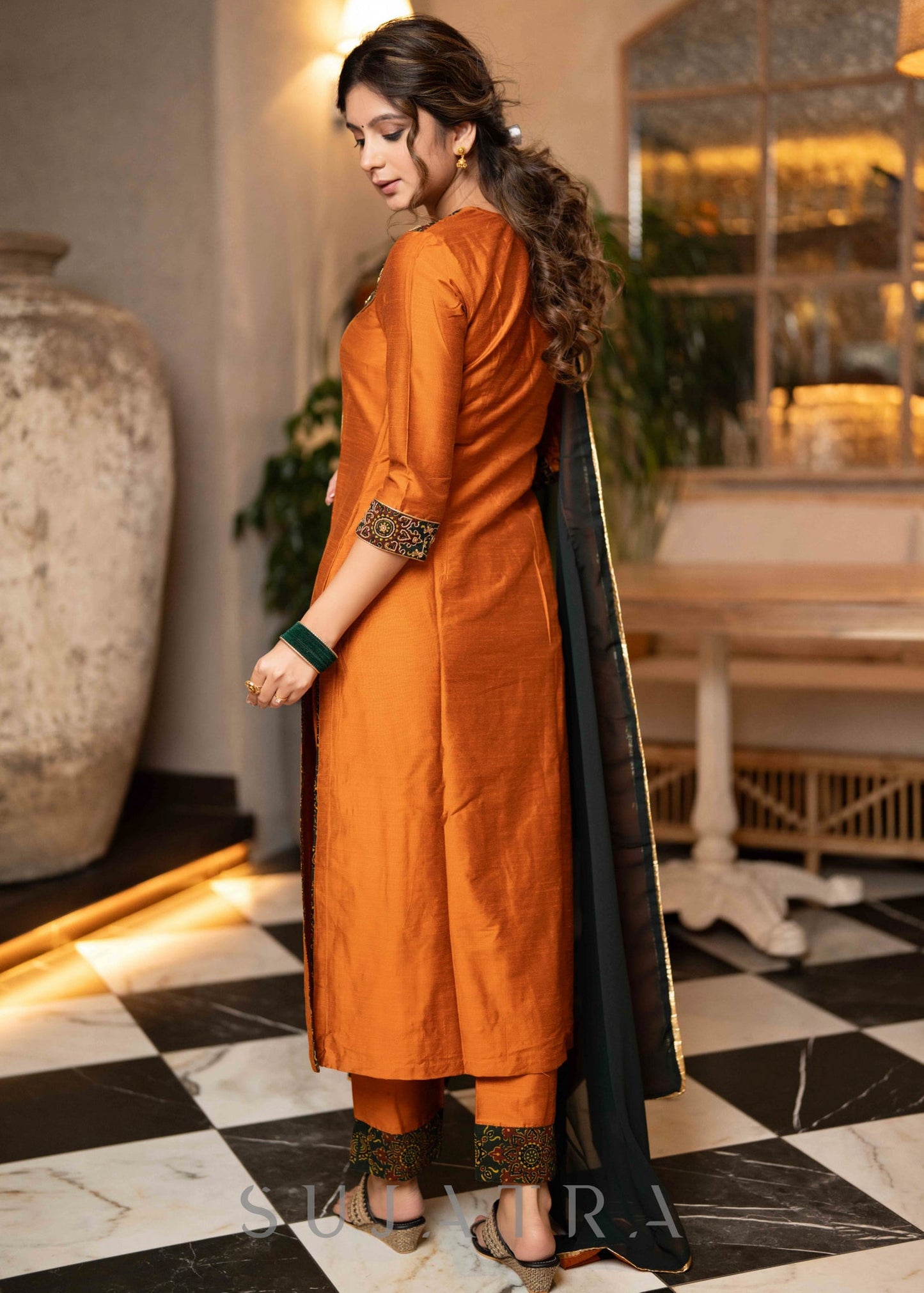 Hand Embroidered Rust Cotton Silk Kurta With Pant - Dupatta Optional
