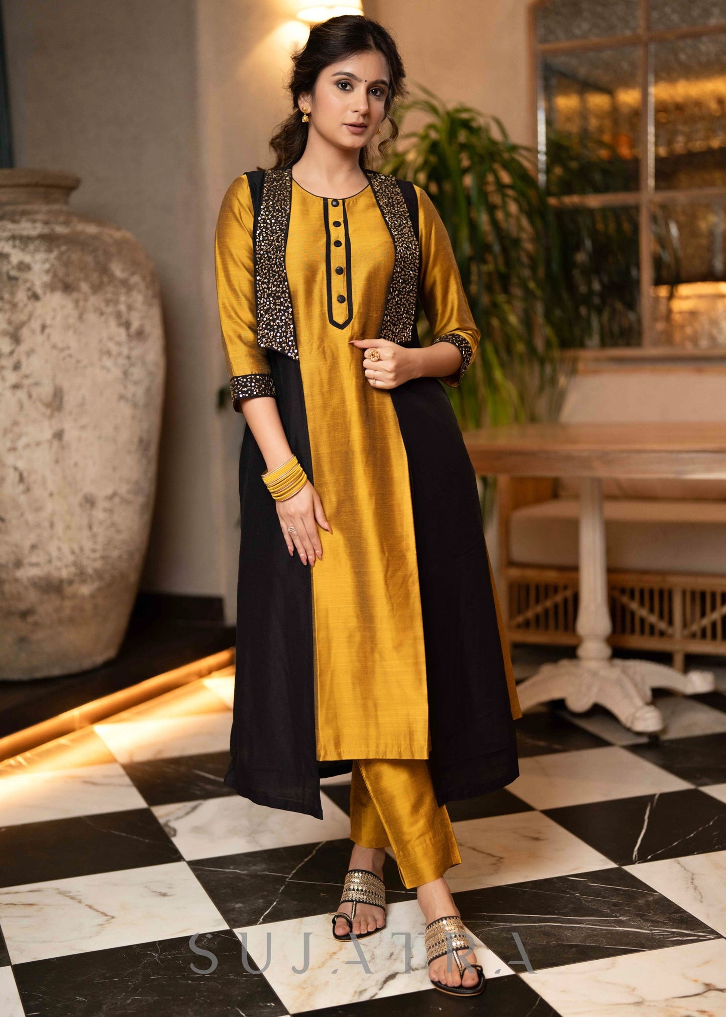 Hand Embroidered Black Jacket With Mustard Cotton Silk Kurta - Pant Optional