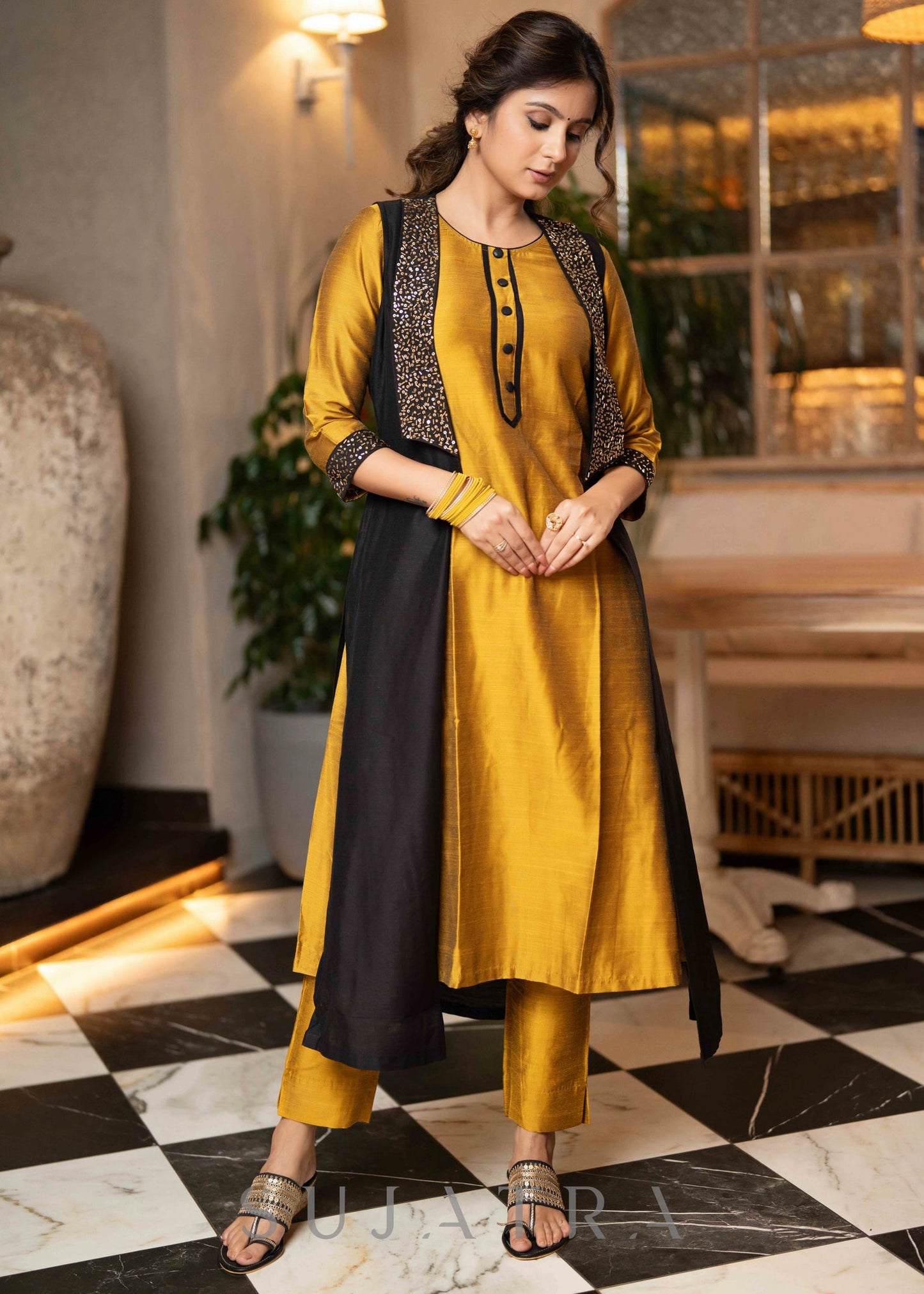 Hand Embroidered Black Jacket With Mustard Cotton Silk Kurta - Pant Optional