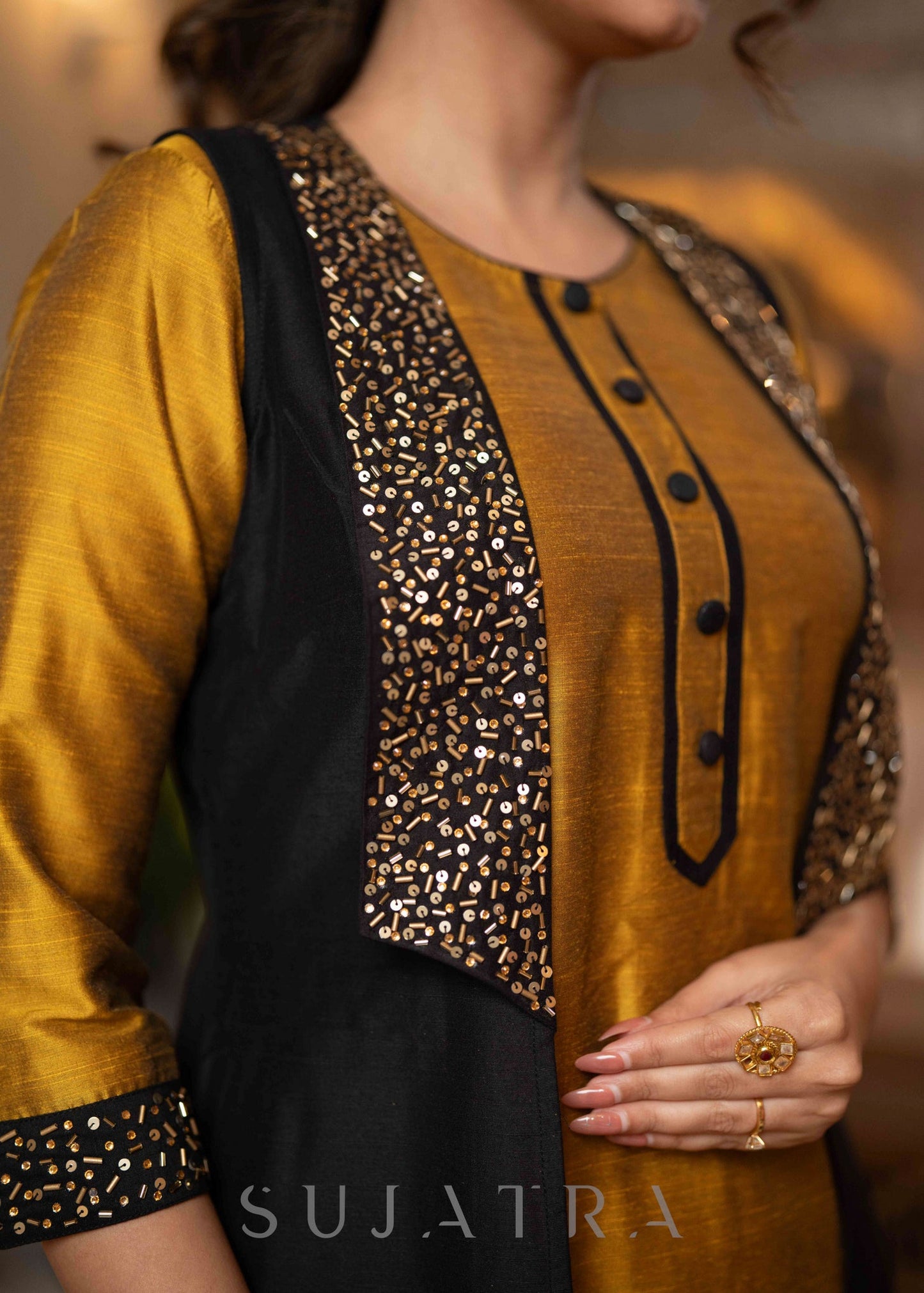 Hand Embroidered Black Jacket With Mustard Cotton Silk Kurta - Pant Optional