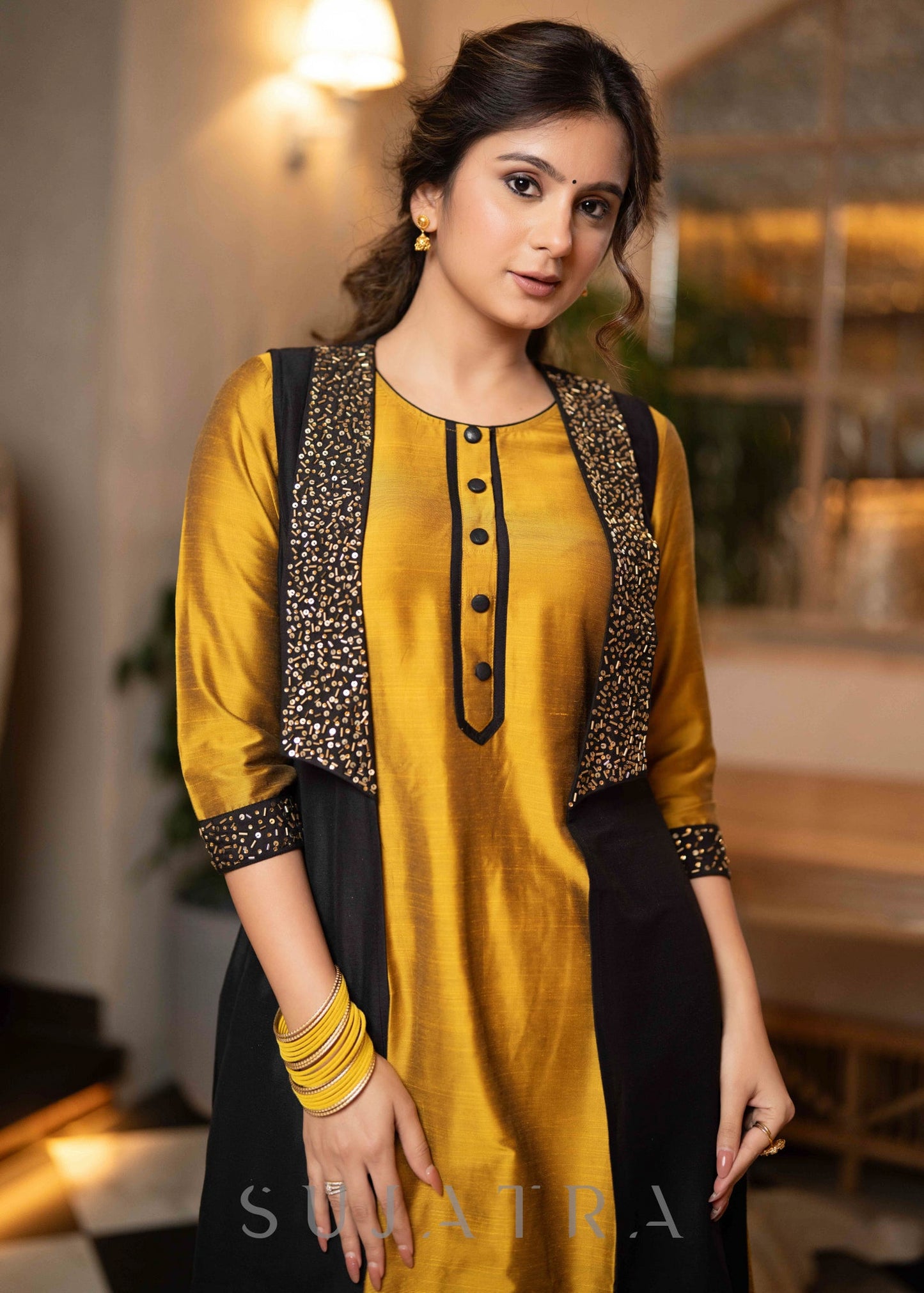 Hand Embroidered Black Jacket With Mustard Cotton Silk Kurta - Pant Optional