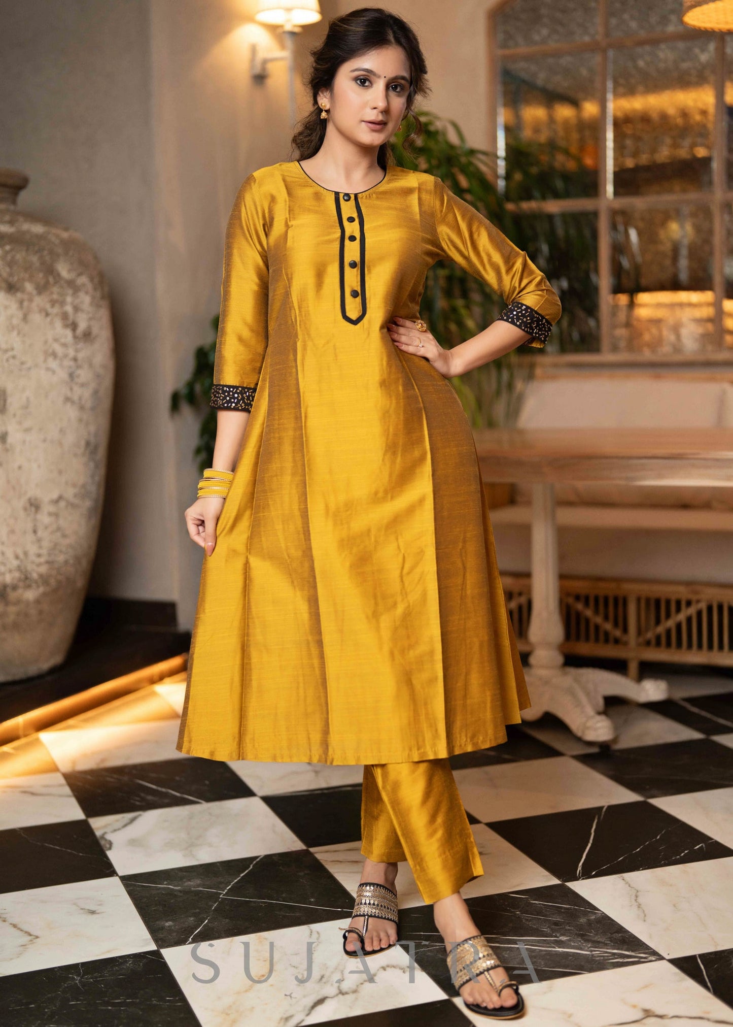 Hand Embroidered Black Jacket With Mustard Cotton Silk Kurta - Pant Optional