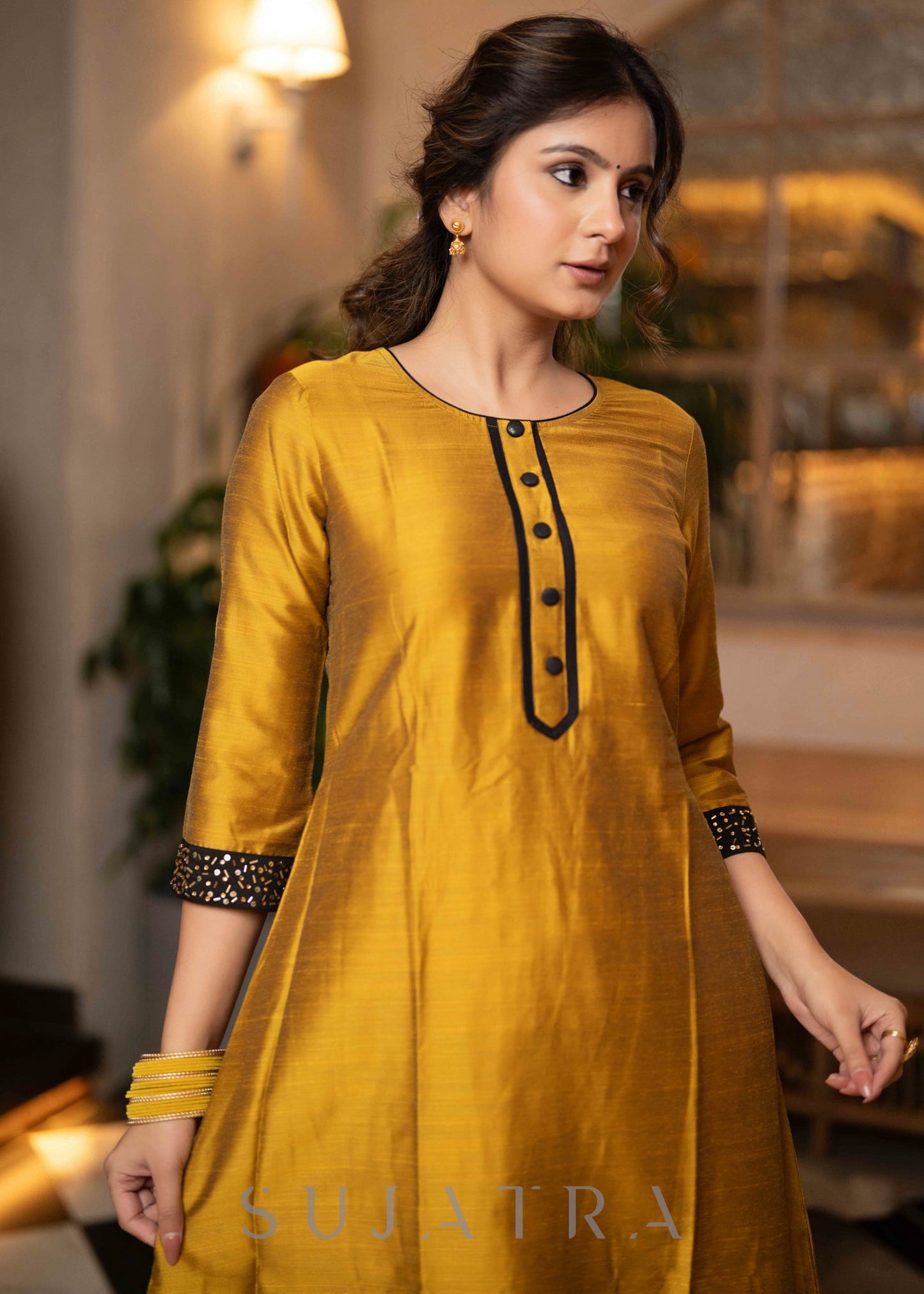 Hand Embroidered Black Jacket With Mustard Cotton Silk Kurta - Pant Optional