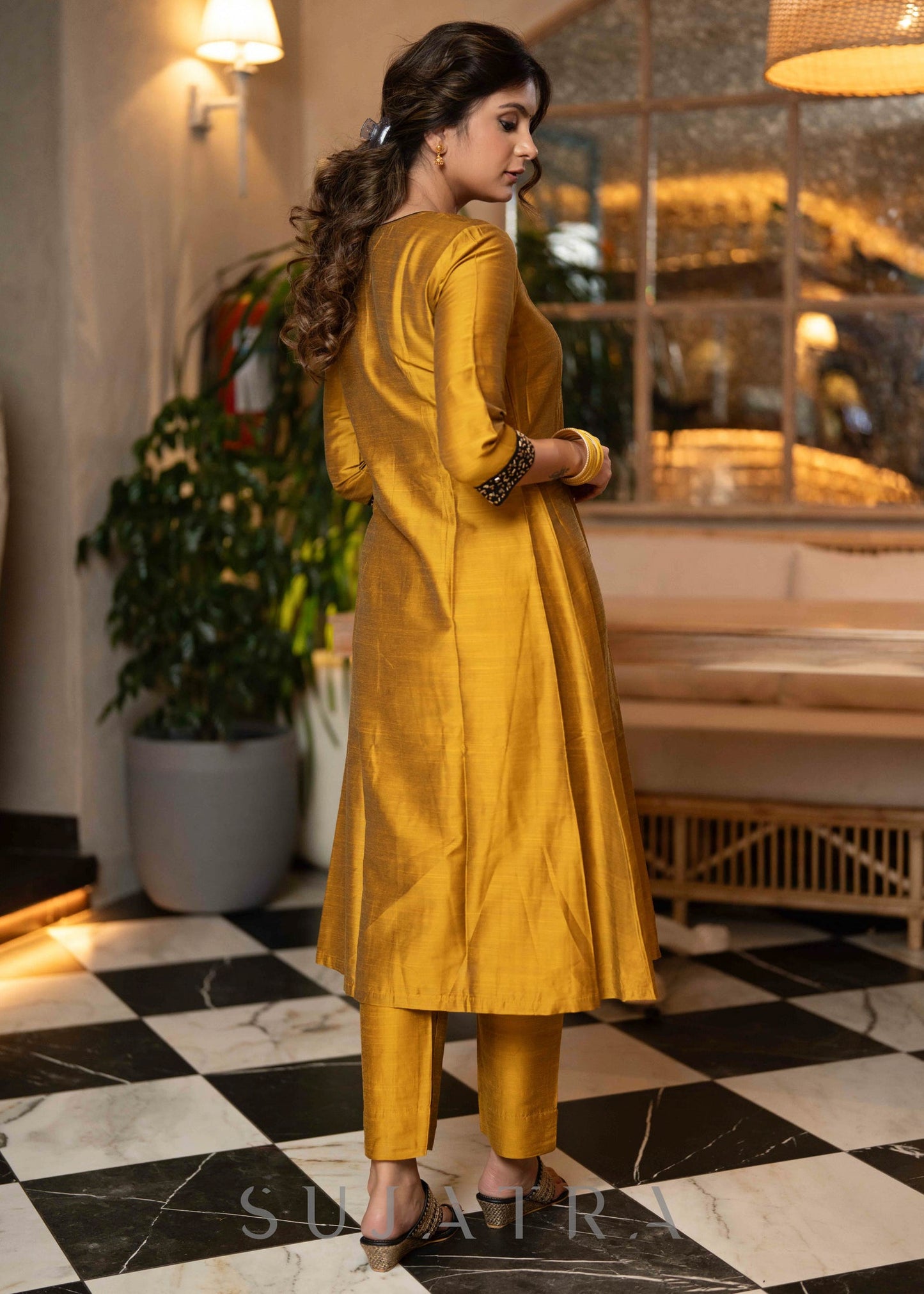 Hand Embroidered Black Jacket With Mustard Cotton Silk Kurta - Pant Optional