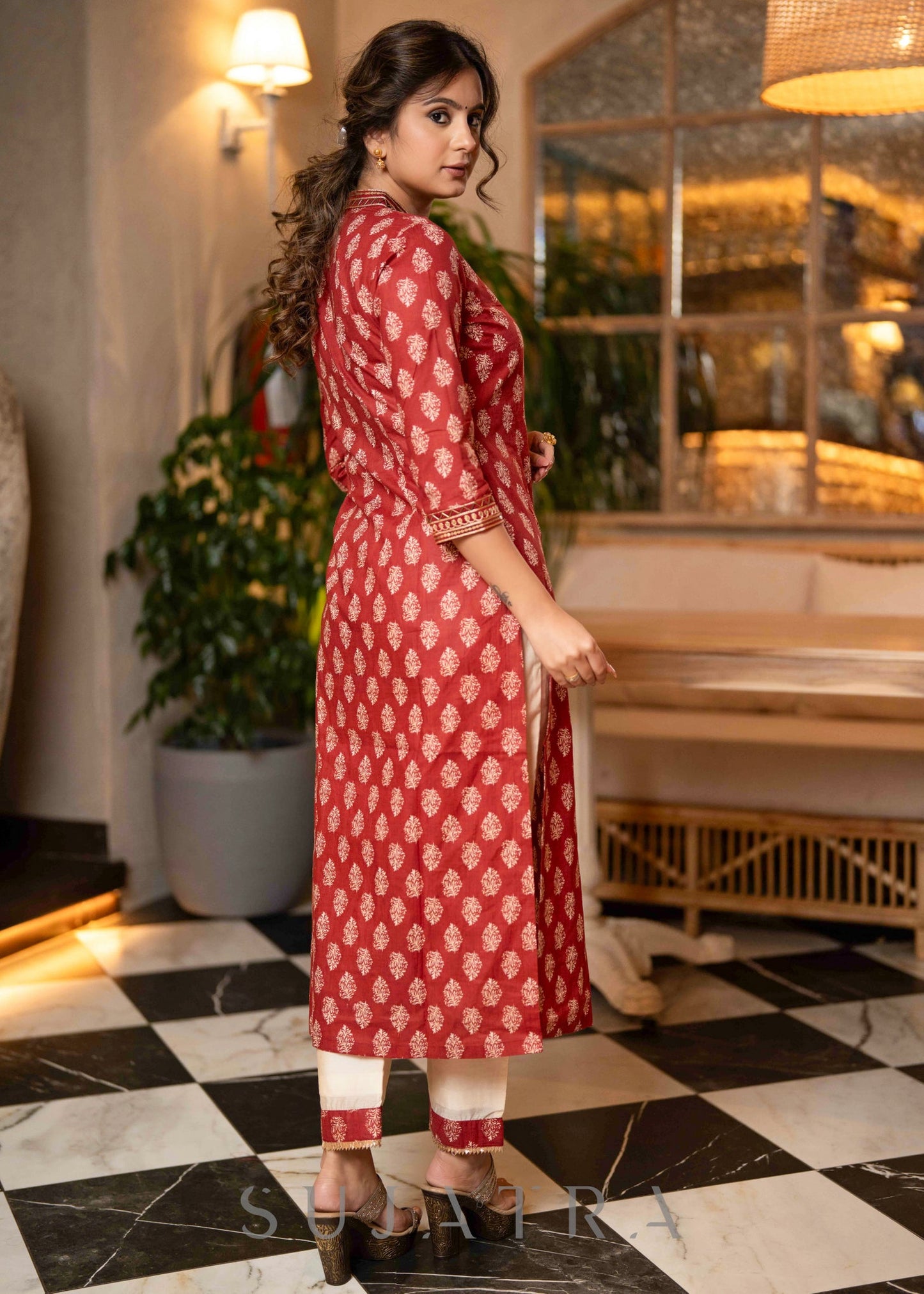 Exclusive Hand Embroidered Printed Maroon Kurta With Pant - Dupatta Optional