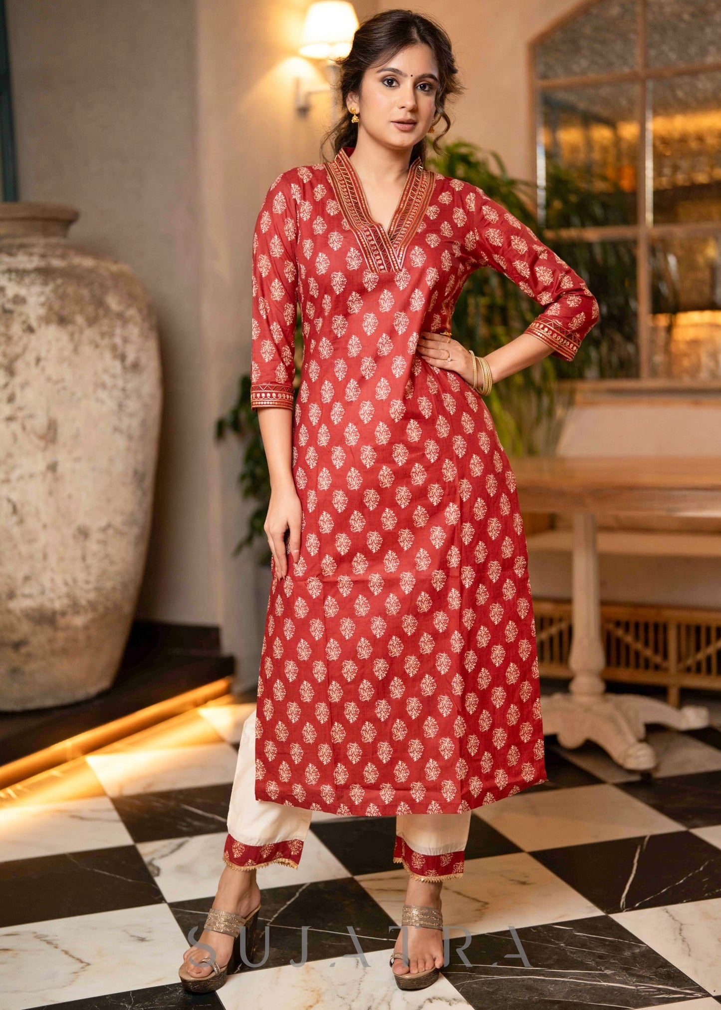 Exclusive Hand Embroidered Printed Maroon Kurta With Pant - Dupatta Optional