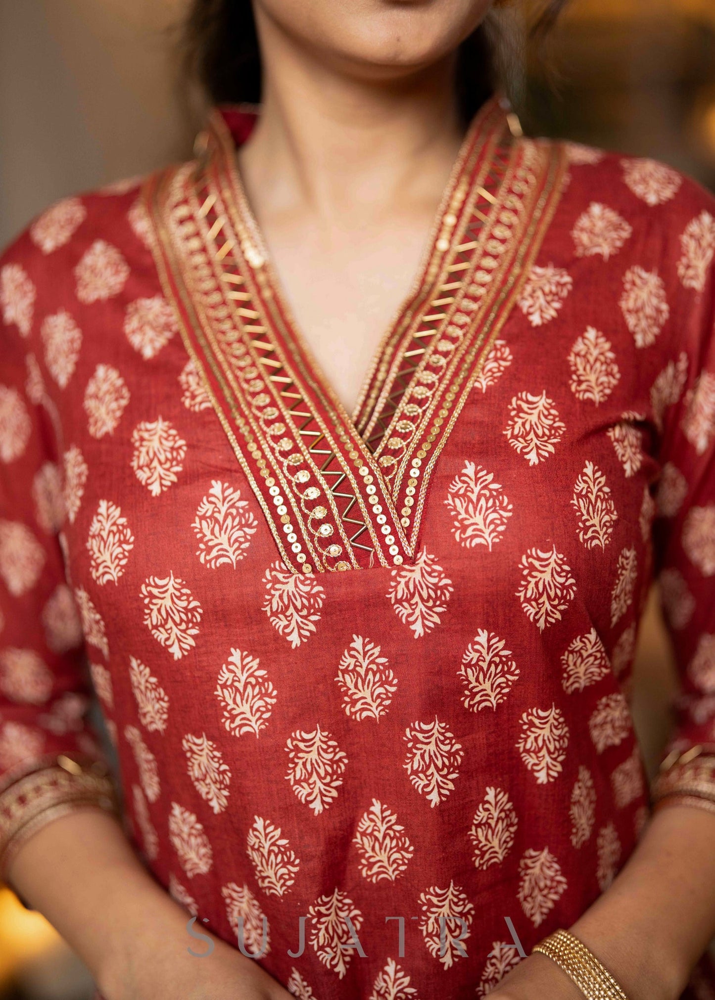 Exclusive Hand Embroidered Printed Maroon Kurta With Pant - Dupatta Optional
