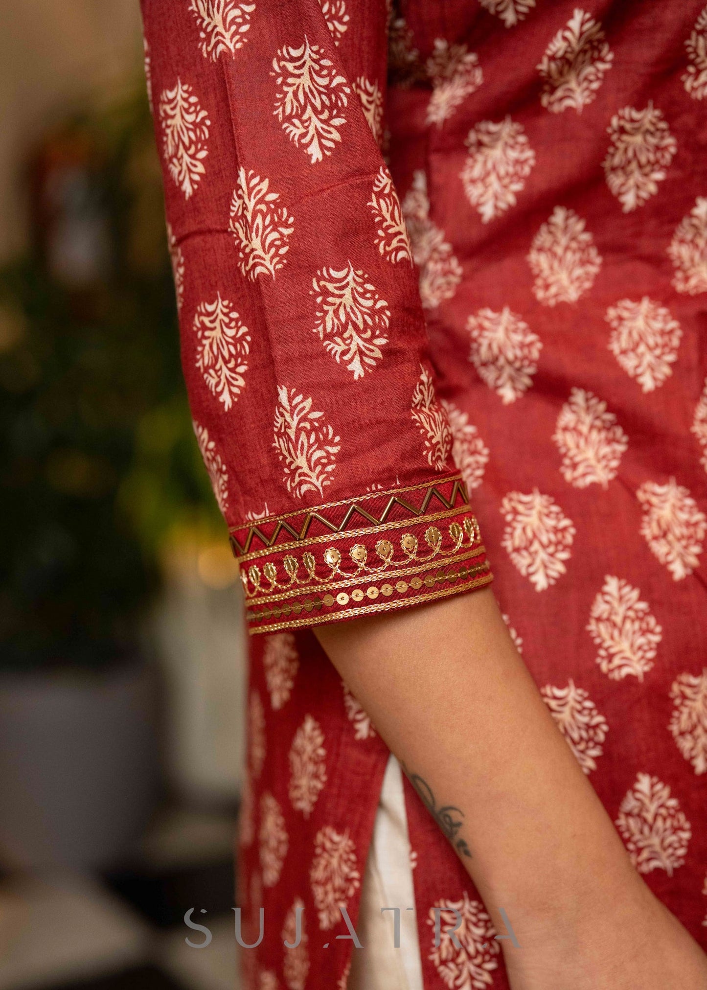Exclusive Hand Embroidered Printed Maroon Kurta With Pant - Dupatta Optional