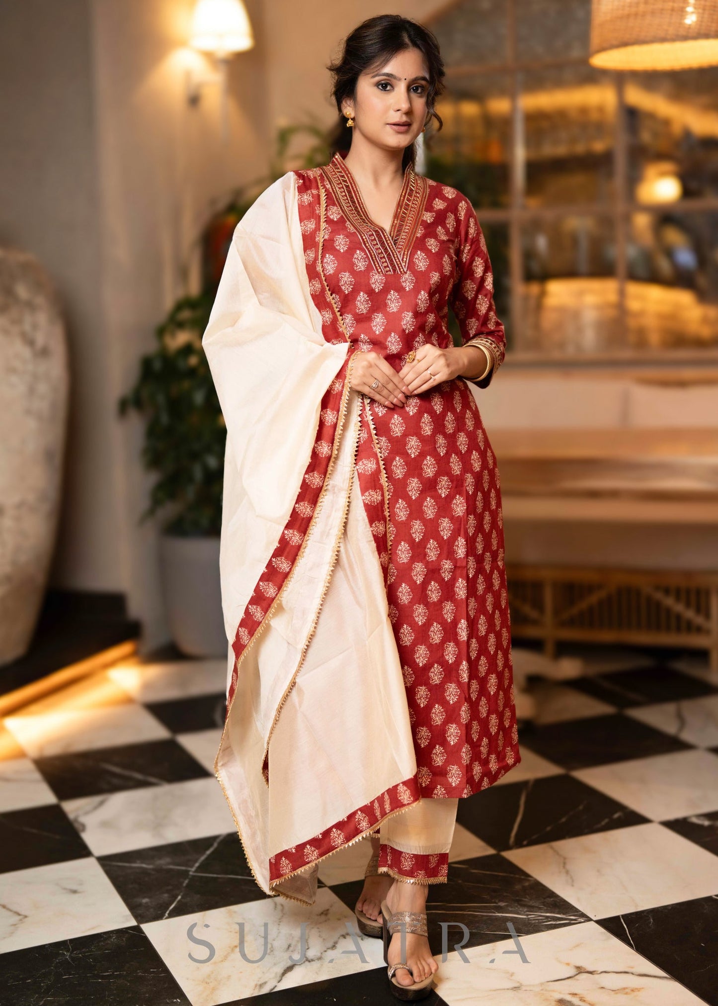 Exclusive Hand Embroidered Printed Maroon Kurta With Pant - Dupatta Optional