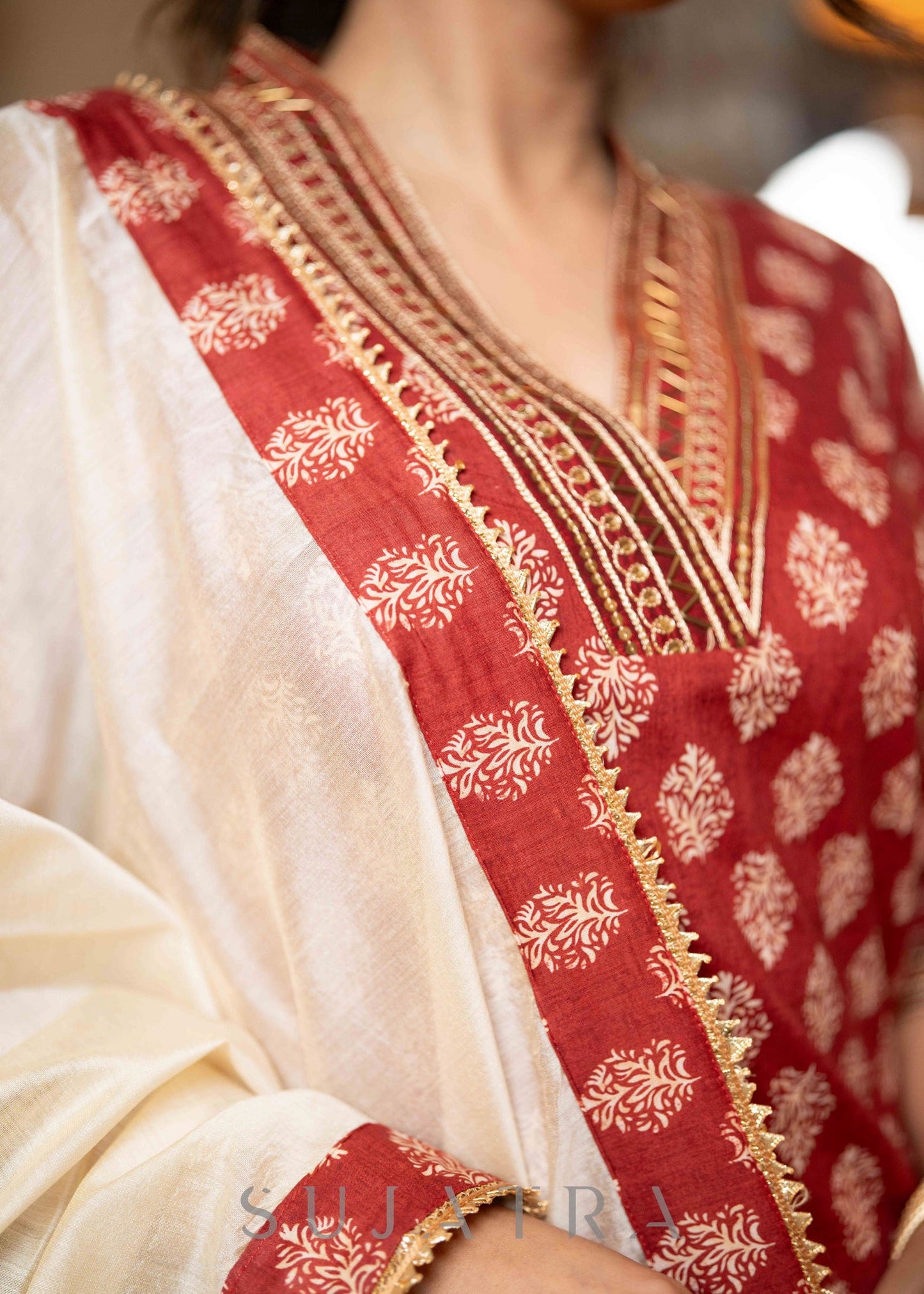 Exclusive Hand Embroidered Printed Maroon Kurta With Pant - Dupatta Optional