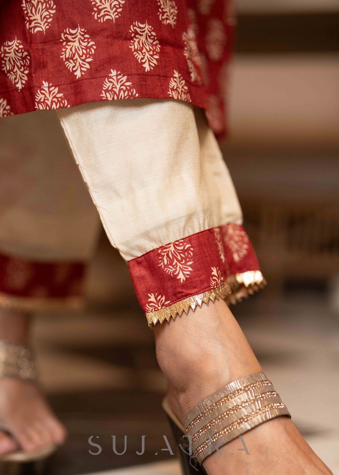 Exclusive Hand Embroidered Printed Maroon Kurta With Pant - Dupatta Optional