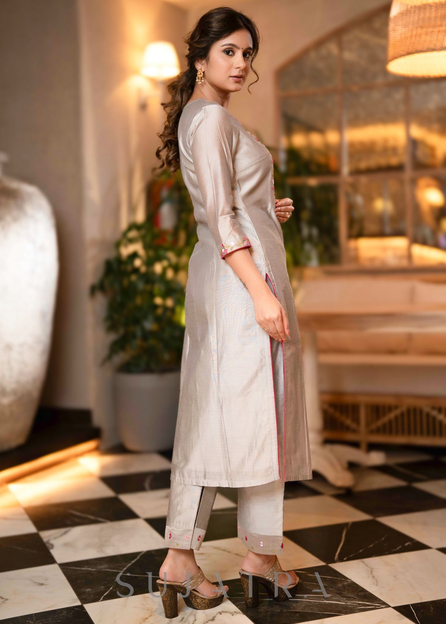 Beautiful Hand Embroidered Grey Chanderi Kurta With Matching Pant - Dupatta Optional