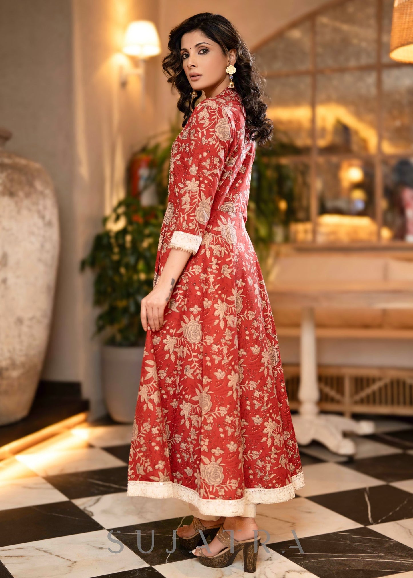 Red Cotton Printed Thread Work Lace Flared cotton Kurta With Pant - Dupatta Optional