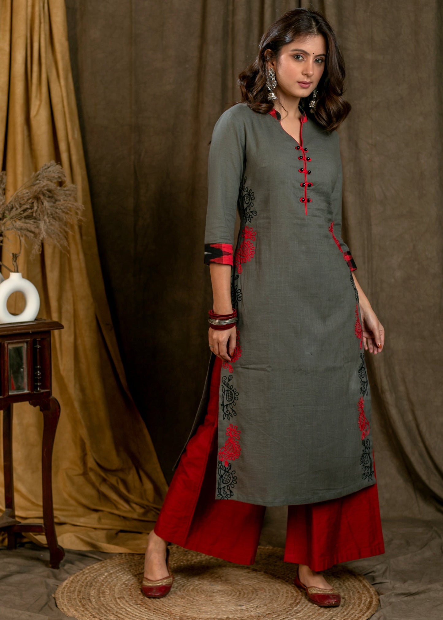 Trendy Grey Cotton Straight Cut Kurta with Black Red Embroidery On Side Panel - Pant Optional