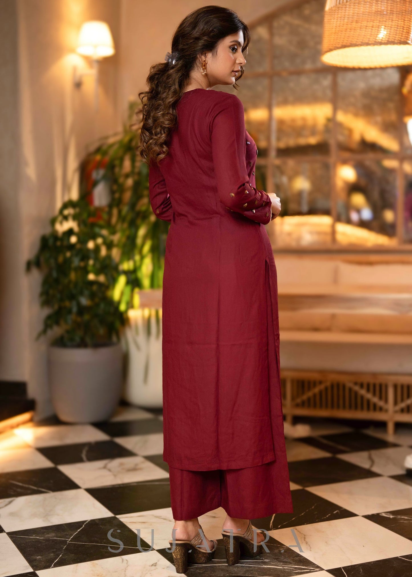 Hand Embroidered Rayon Wine Kurta - Pant Optional