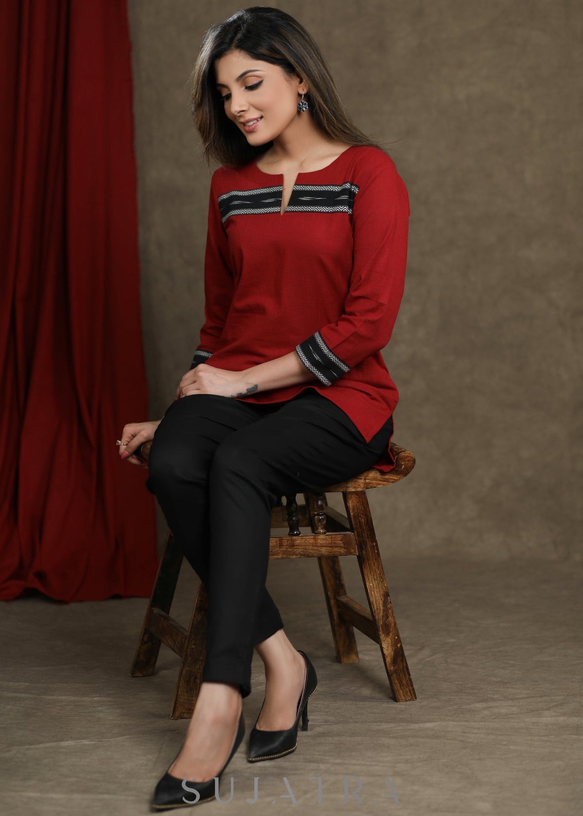 Haut combiné en coton ikat bordeaux