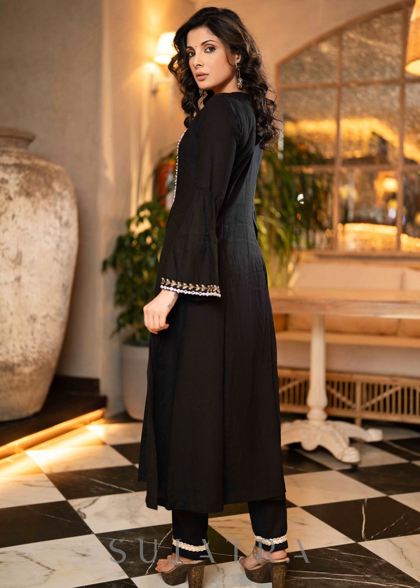 Hand Embroidered Black Rayon A Line Kurta With Pant - Dupatta Optional