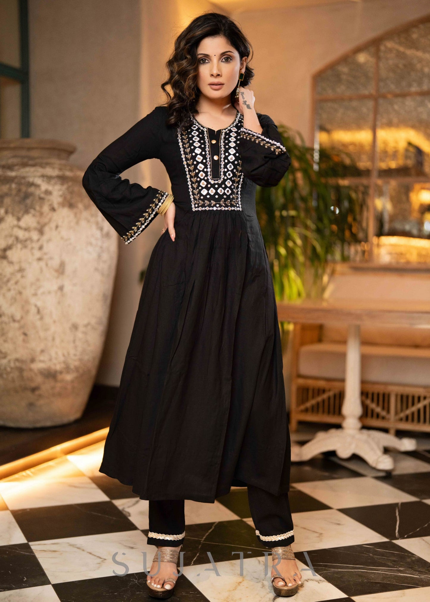 Hand Embroidered Black Rayon A Line Kurta With Pant - Dupatta Optional