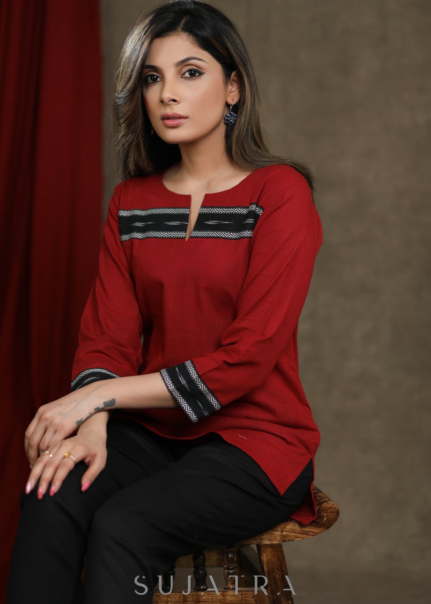 Cotton Maroon Ikat Combination Top