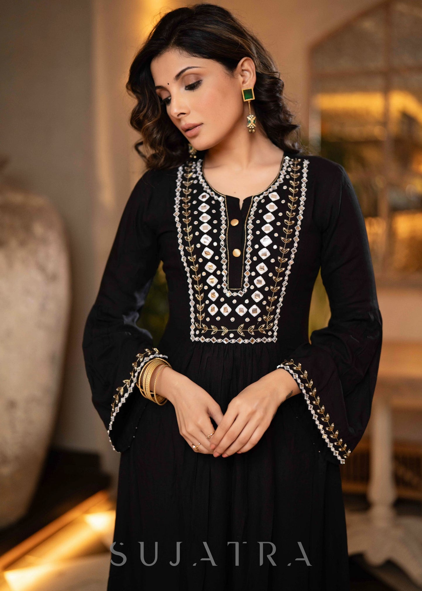 Hand Embroidered Black Rayon A Line Kurta With Pant - Dupatta Optional