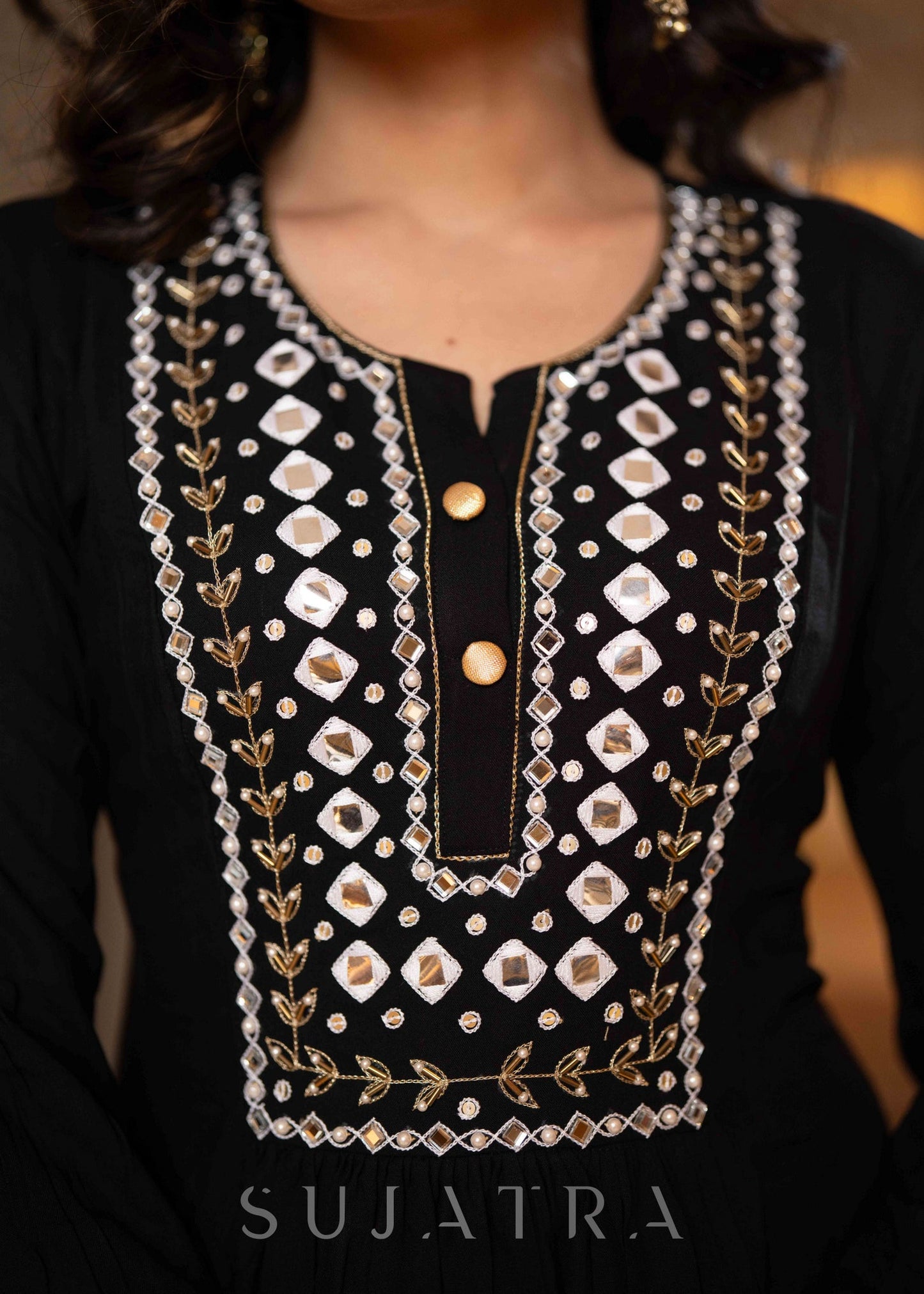 Hand Embroidered Black Rayon A Line Kurta With Pant - Dupatta Optional