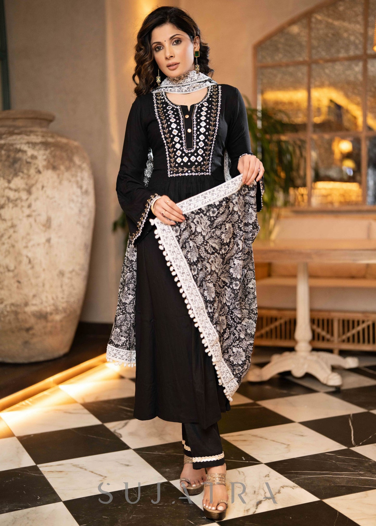 Hand Embroidered Black Rayon A Line Kurta With Pant - Dupatta Optional