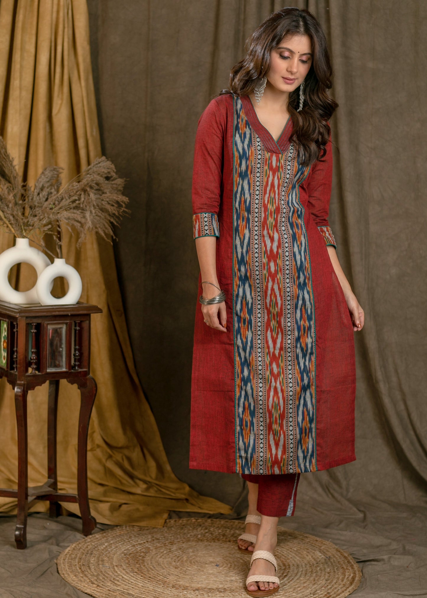 Beautiful Cotton Maroon & Navy Blue Ikat Combination Straight Cut Kurta - Pant Optional