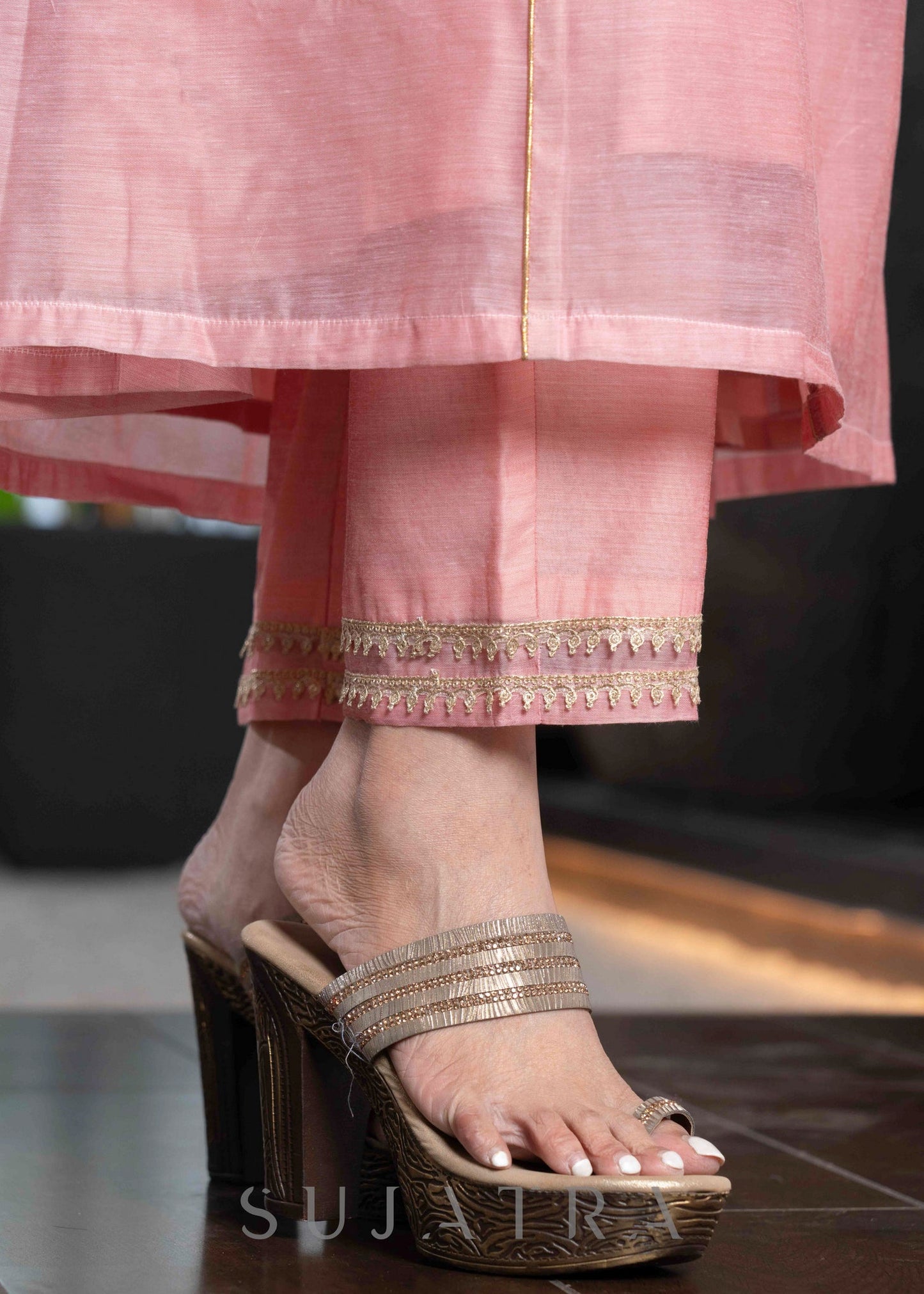 Light pink chanderi Pant & flared kurta with gold detaling - Dupatta Optional