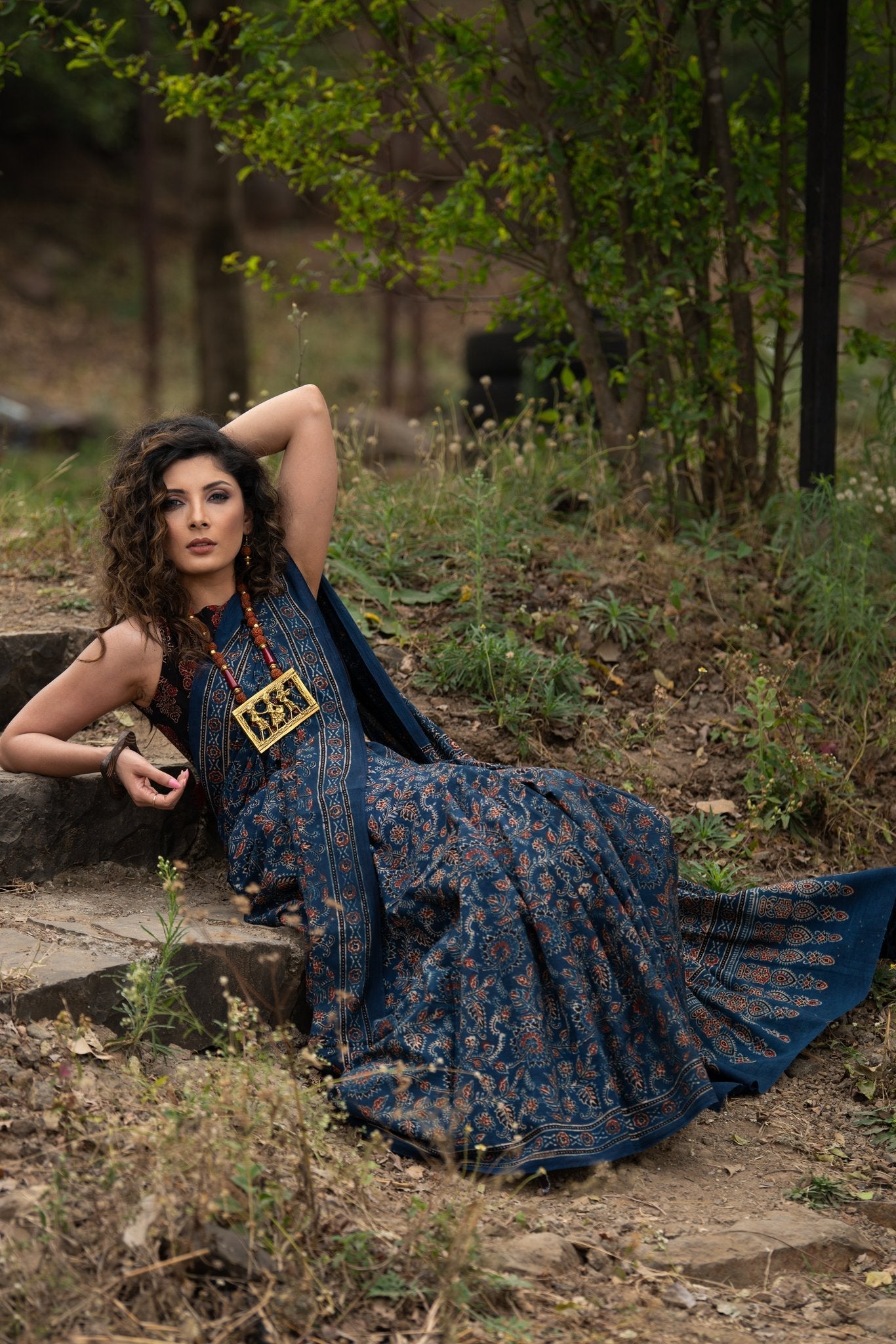 Exclusive natural dyed cotton blue block printed ajrakh saree