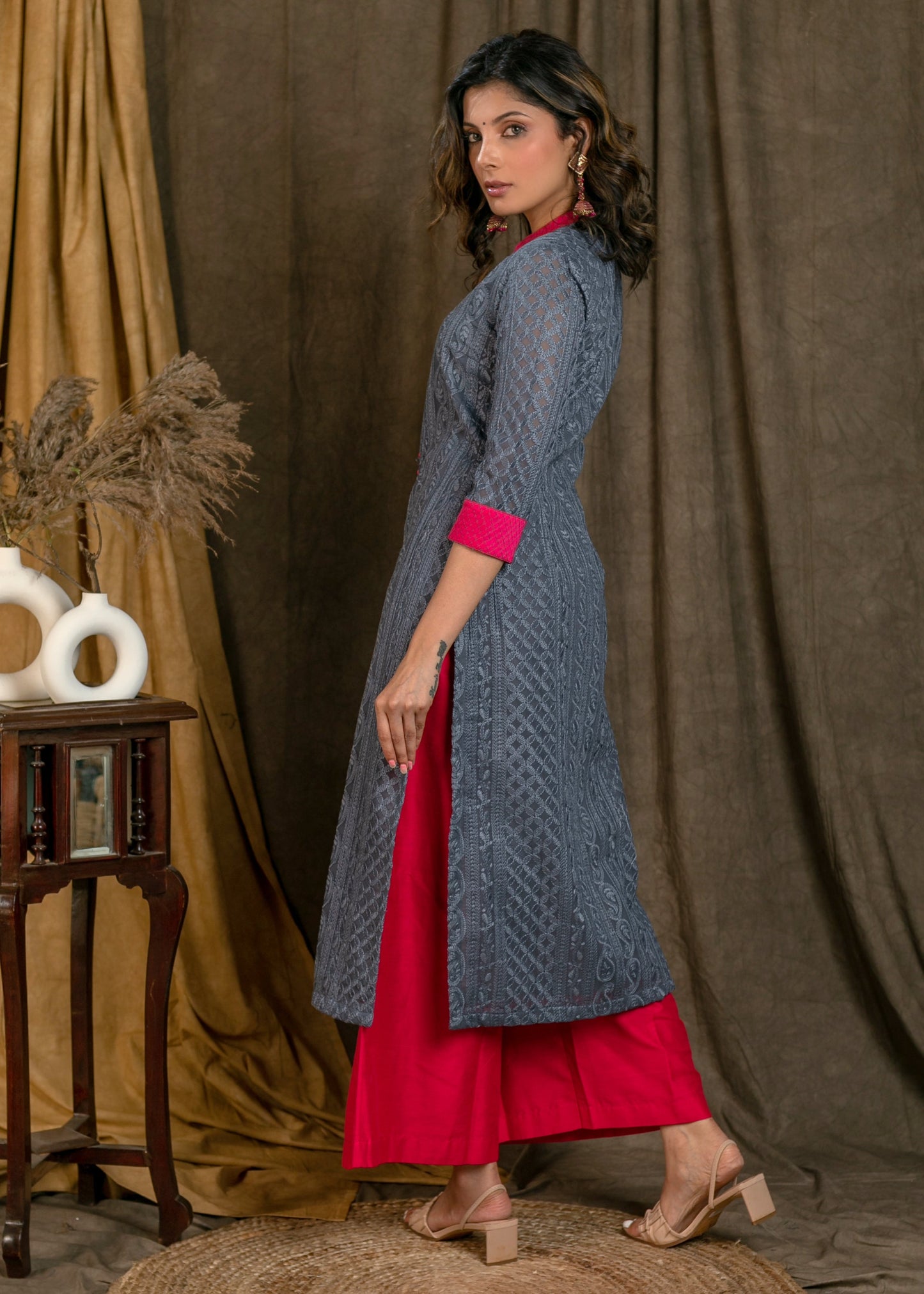 Gorgeous Grey Chikankari Straight Cut Kurta Palazzo Set with Contrast Magenta Details - Dupatta Optional